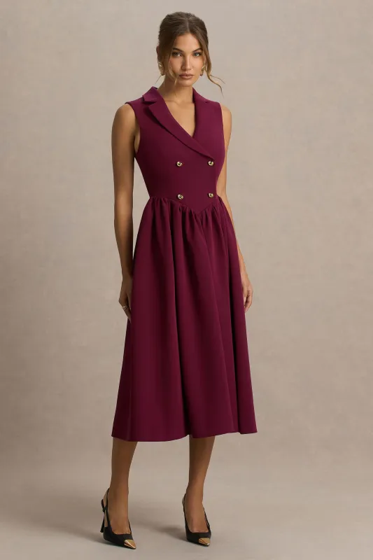 Lisa | Burgundy Plunge-Neck Tailored Midi Dress sold by Club L London