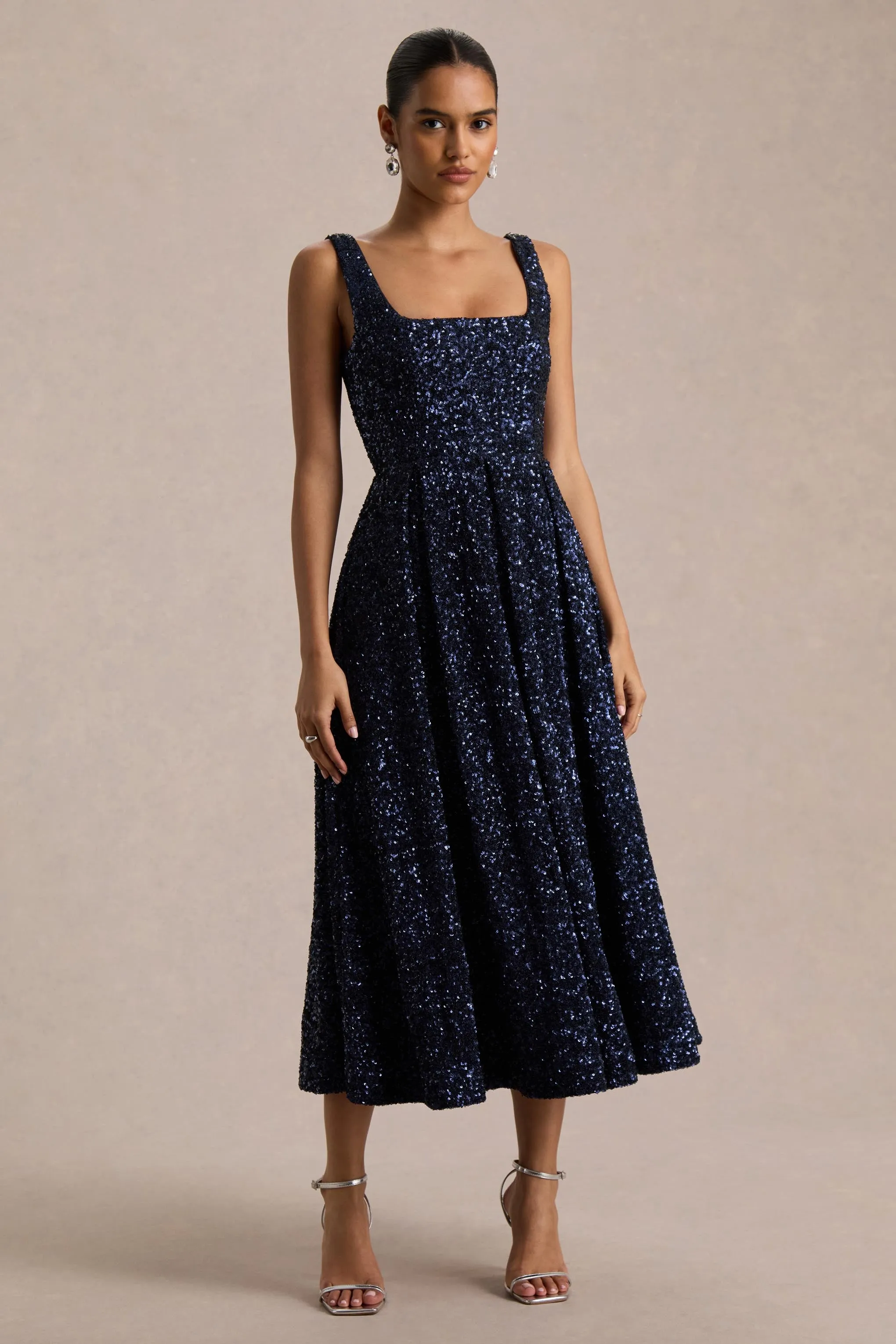 Lima | Navy Sequin Square-Neck A-Line Midi Dress sold by Club L London product image thumbnail 4
