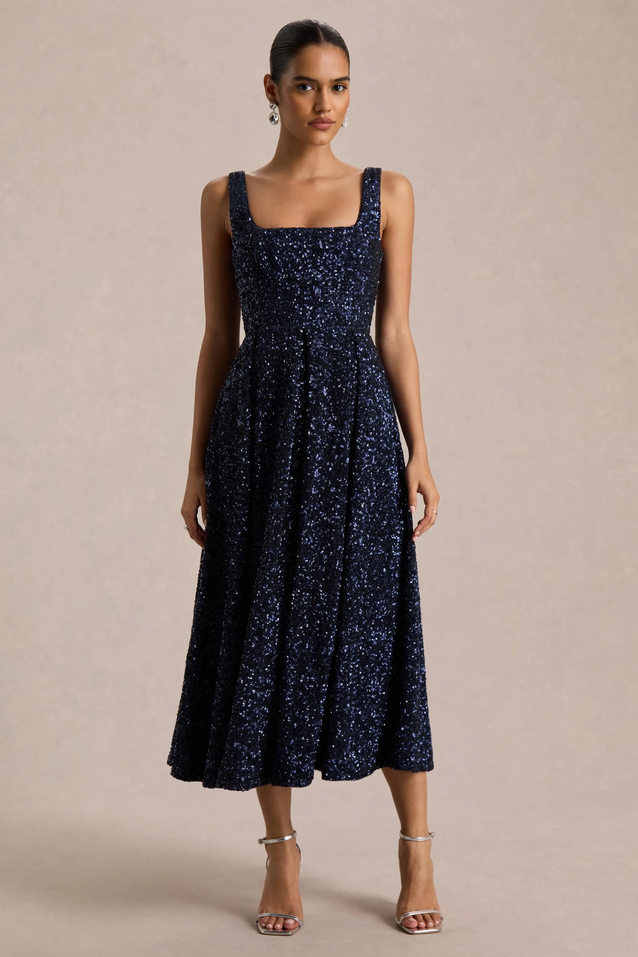Lima | Navy Sequin Square-Neck A-Line Midi Dress sold by Club L London product image thumbnail 5