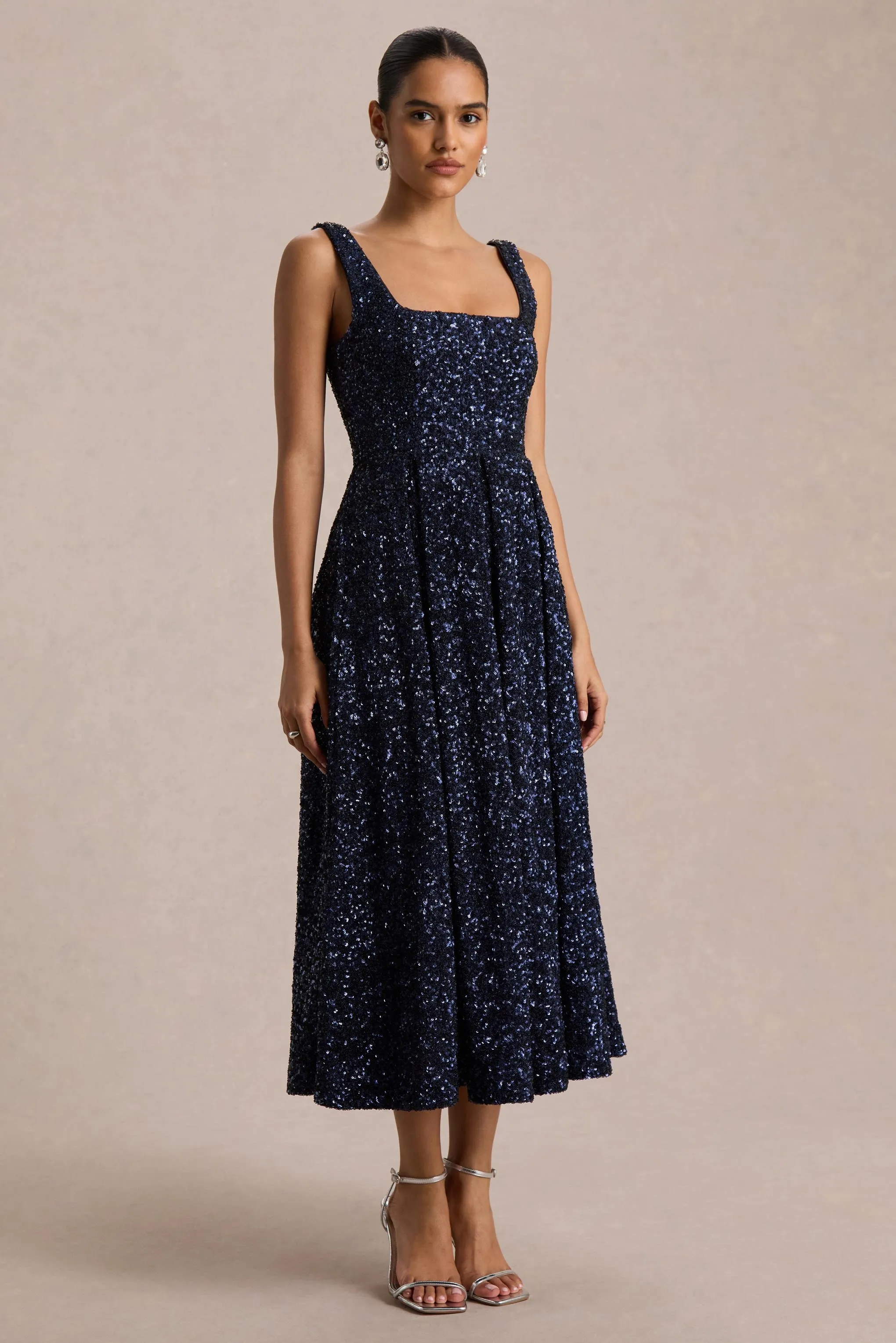 Lima | Navy Sequin Square-Neck A-Line Midi Dress sold by Club L London