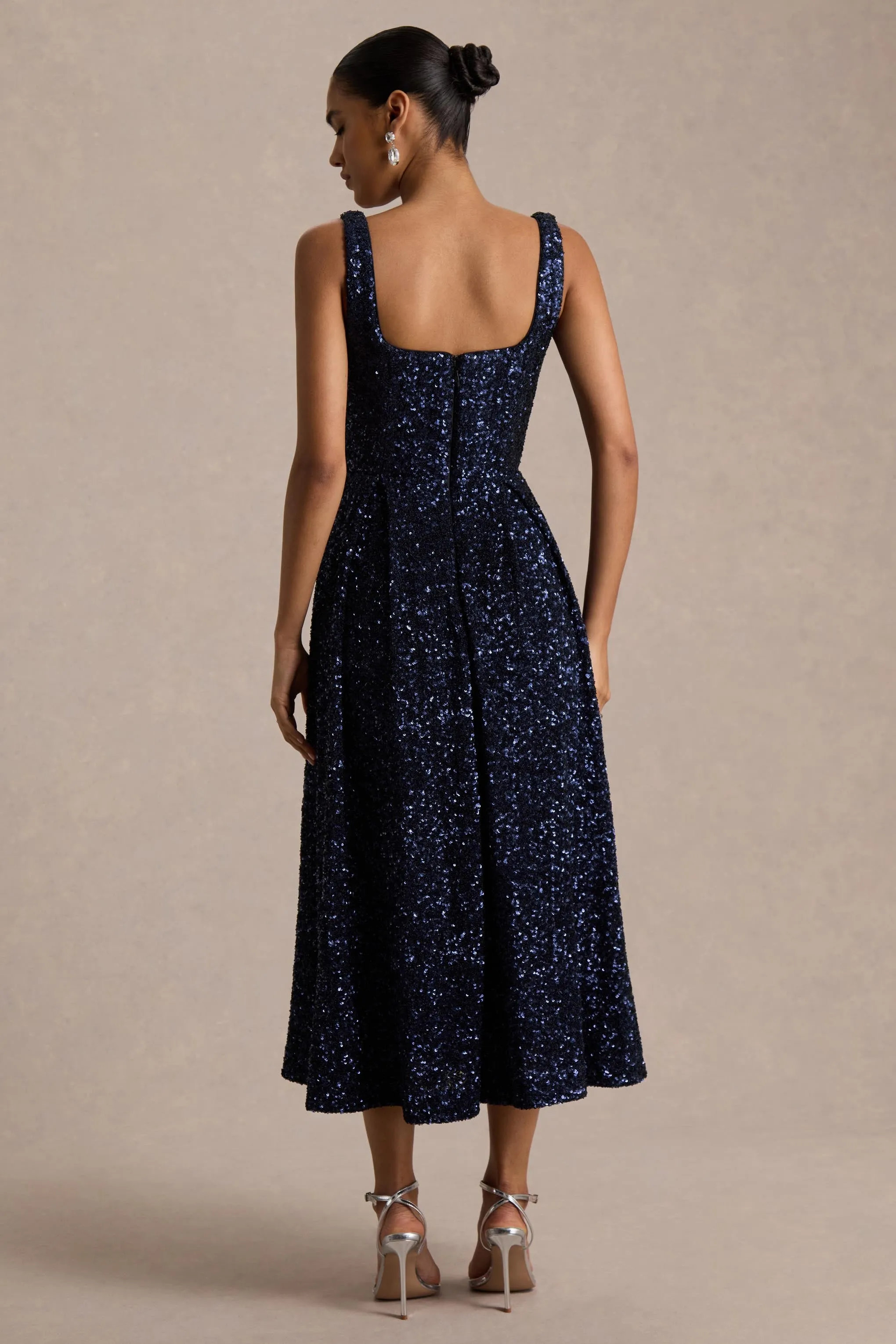 Lima | Navy Sequin Square-Neck A-Line Midi Dress sold by Club L London product image thumbnail 2