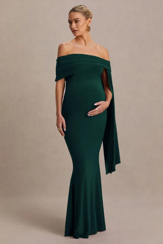 Aquila | Bottle Green Bardot Maternity Maxi Dress With Drape Sleeve sold by Club L London