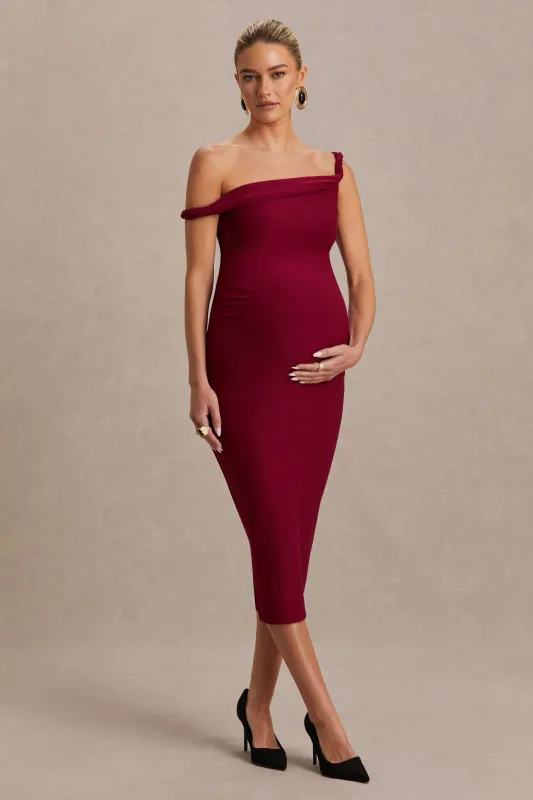 Salome | Burgundy Twisted Asymmetric Maternity Midi Dress sold by Club L London