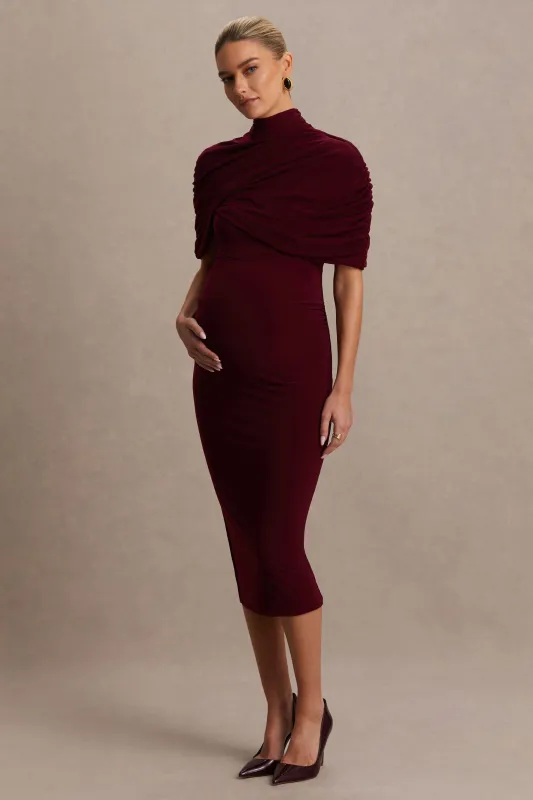 Augustina | Burgundy Maternity Midi Dress With Cape sold by Club L London