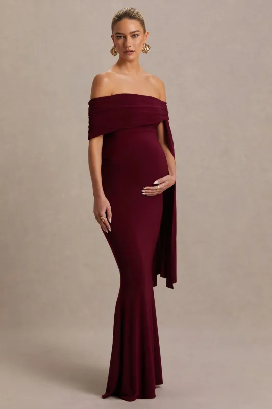 Aquila |  Burgundy Bardot Maternity Maxi Dress With Drape Sleeve sold by Club L London