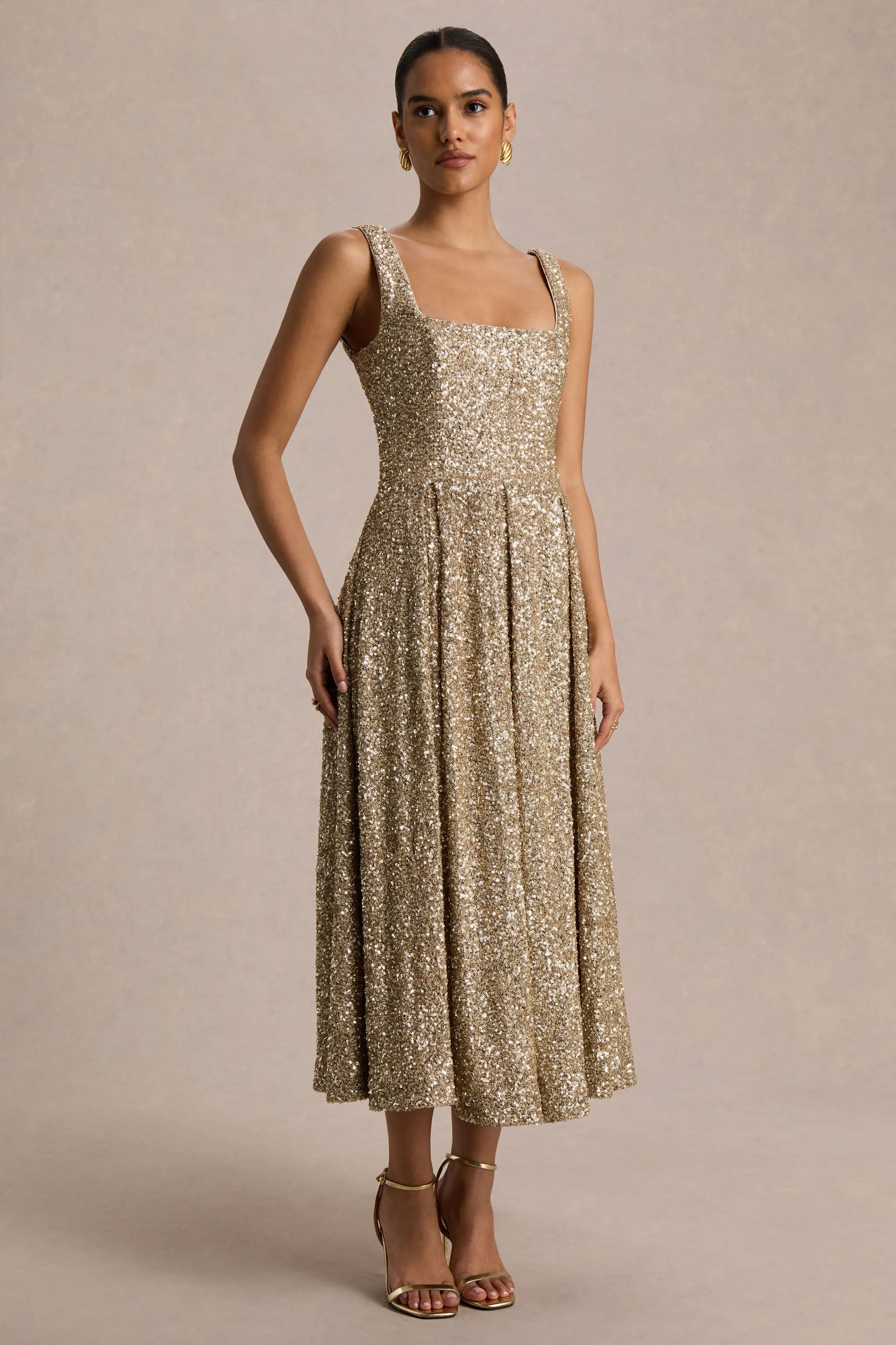 Lima | Champagne Sequin Square-Neck A-Line Midi Dress sold by Club L London product image thumbnail 5