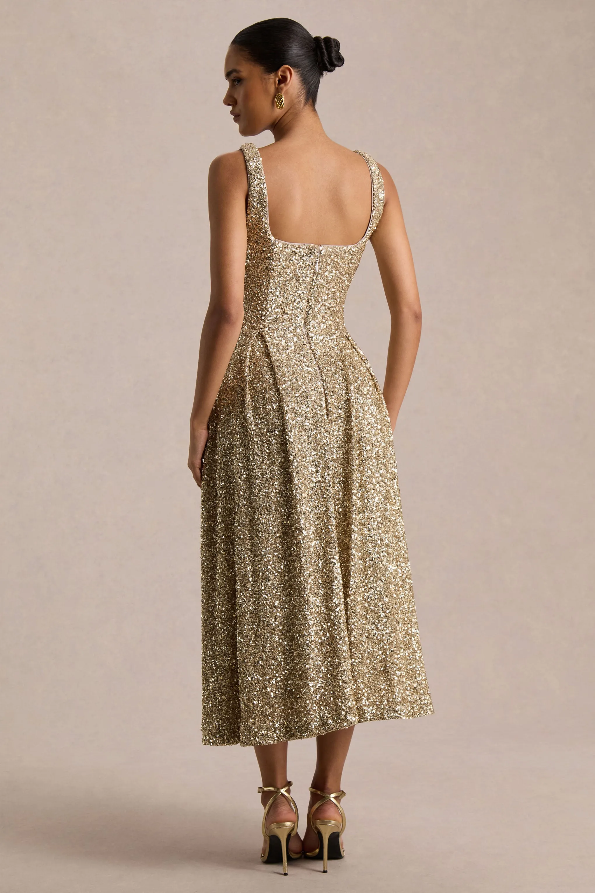 Lima | Champagne Sequin Square-Neck A-Line Midi Dress sold by Club L London product image thumbnail 2