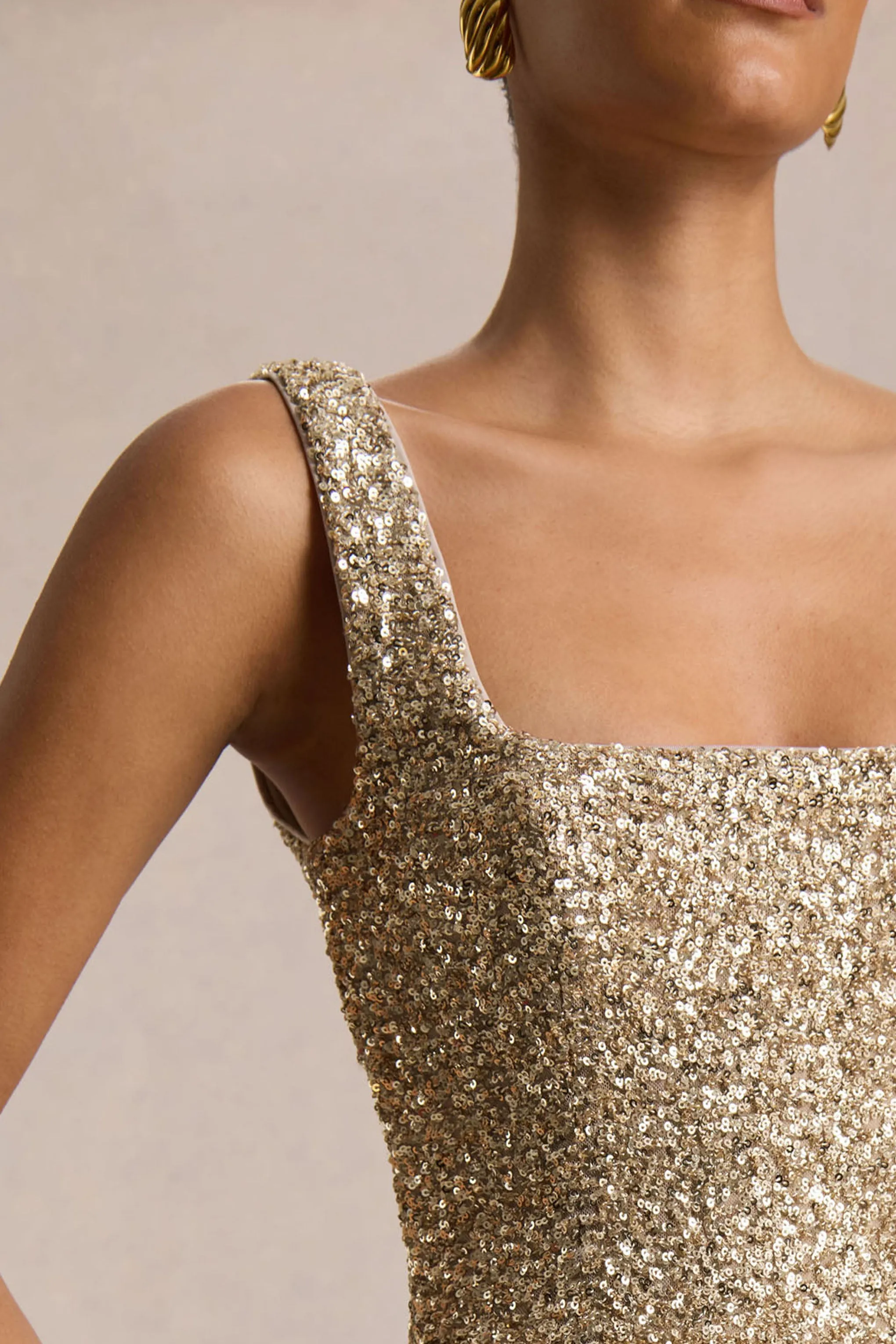 Lima | Champagne Sequin Square-Neck A-Line Midi Dress sold by Club L London product image thumbnail 3
