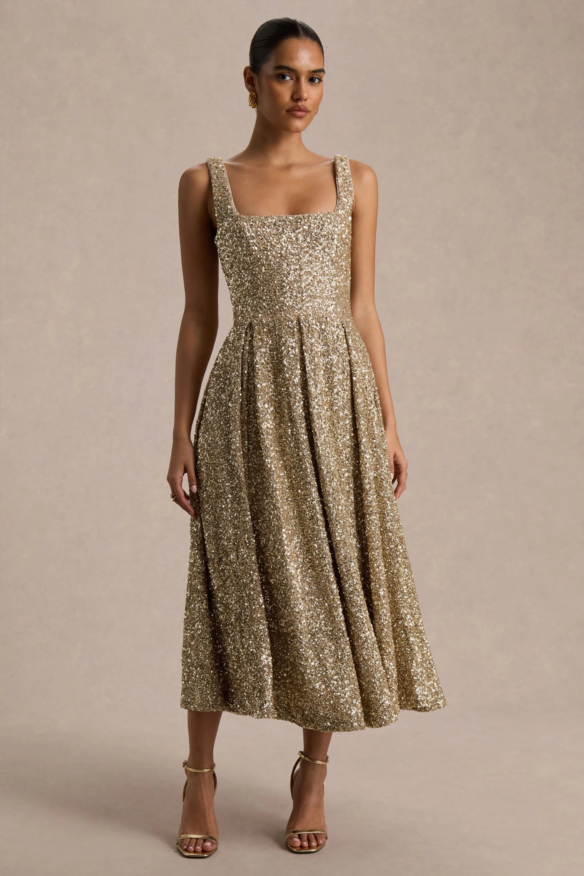 Lima | Champagne Sequin Square-Neck A-Line Midi Dress sold by Club L London product image thumbnail 4