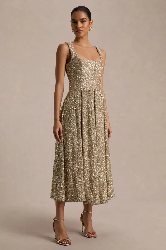 Lima | Champagne Sequin Square-Neck A-Line Midi Dress sold by Club L London