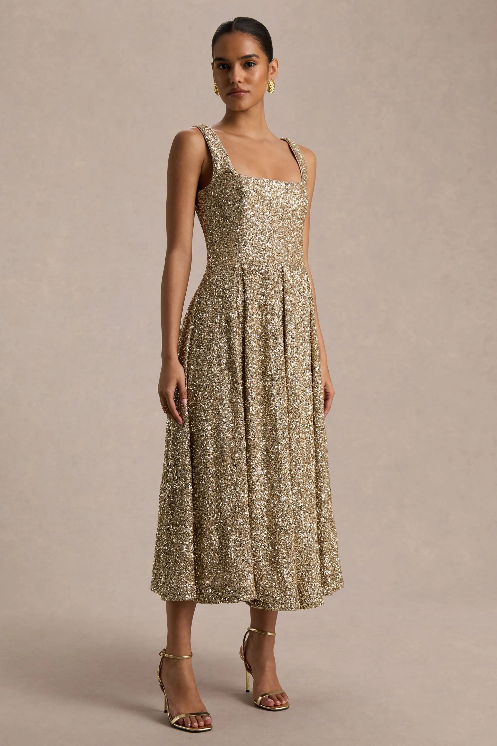 Lima | Champagne Sequin Square-Neck A-Line Midi Dress sold by Club L London