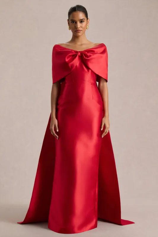 Wanting More | Red Satin Cape Maxi Dress With Oversized Bow sold by Club L London