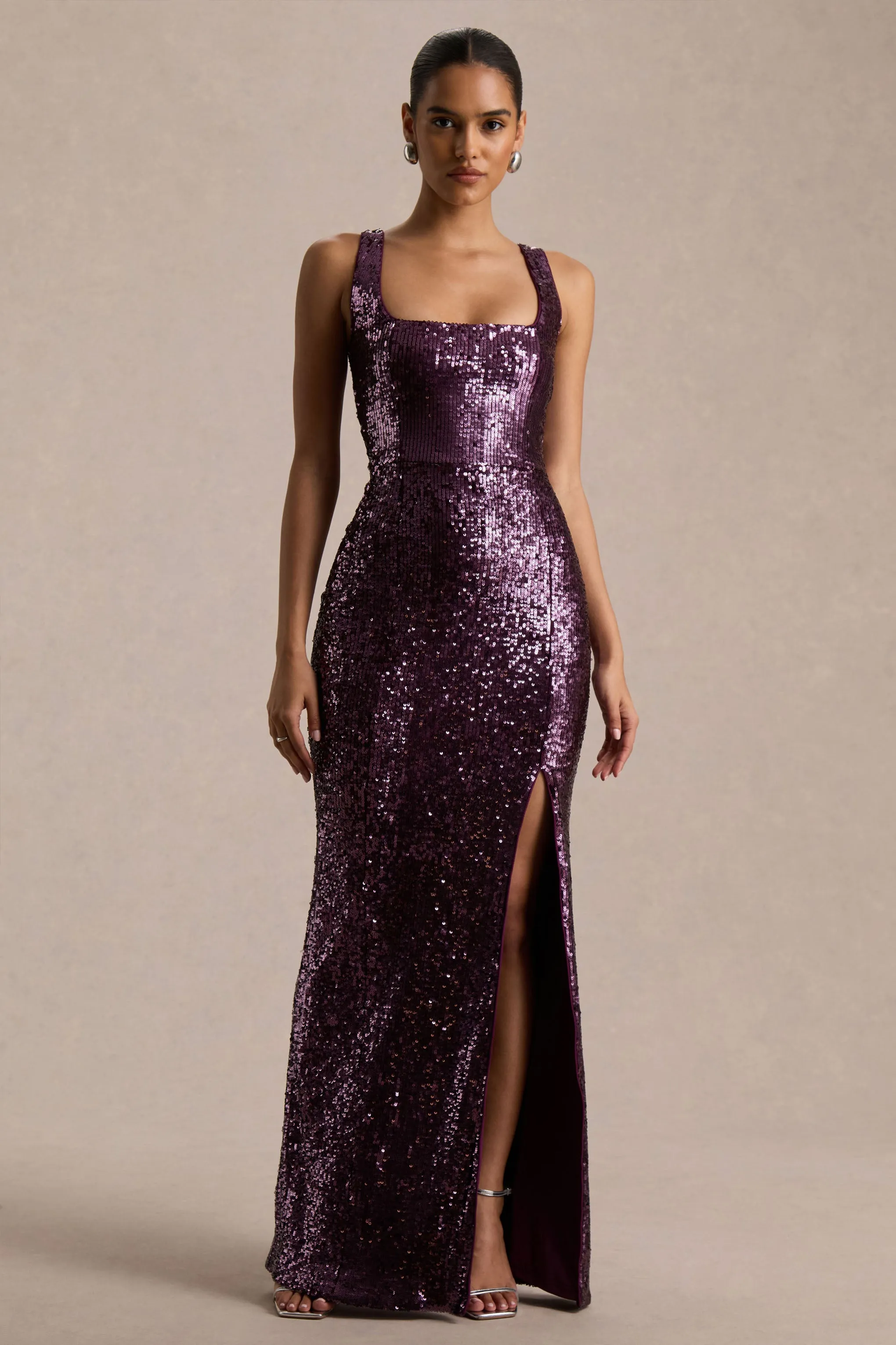 High Life | Plum Sequin Square-Neck Maxi Dress With Front-High Split sold by Club L London product image thumbnail 5