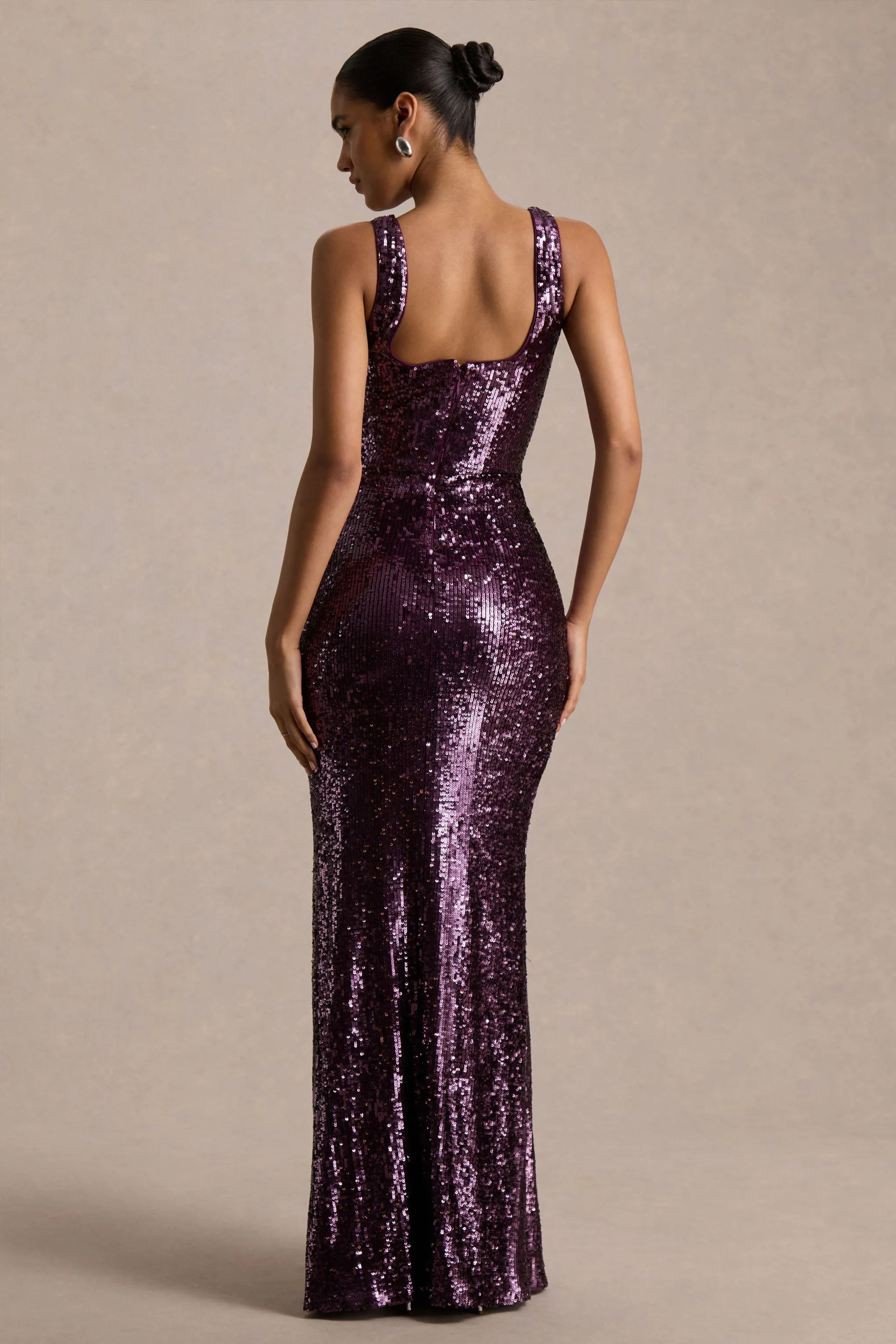 High Life | Plum Sequin Square-Neck Maxi Dress With Front-High Split sold by Club L London product image thumbnail 2