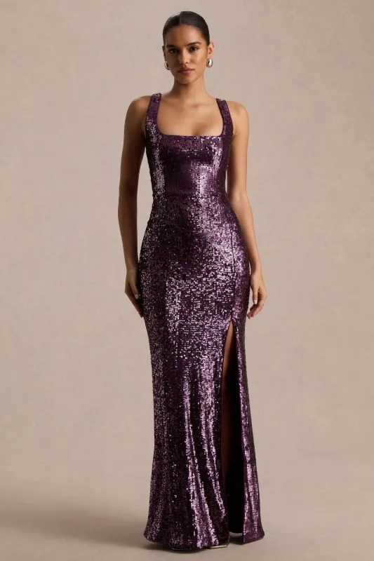 High Life | Plum Sequin Square-Neck Maxi Dress With Front-High Split sold by Club L London