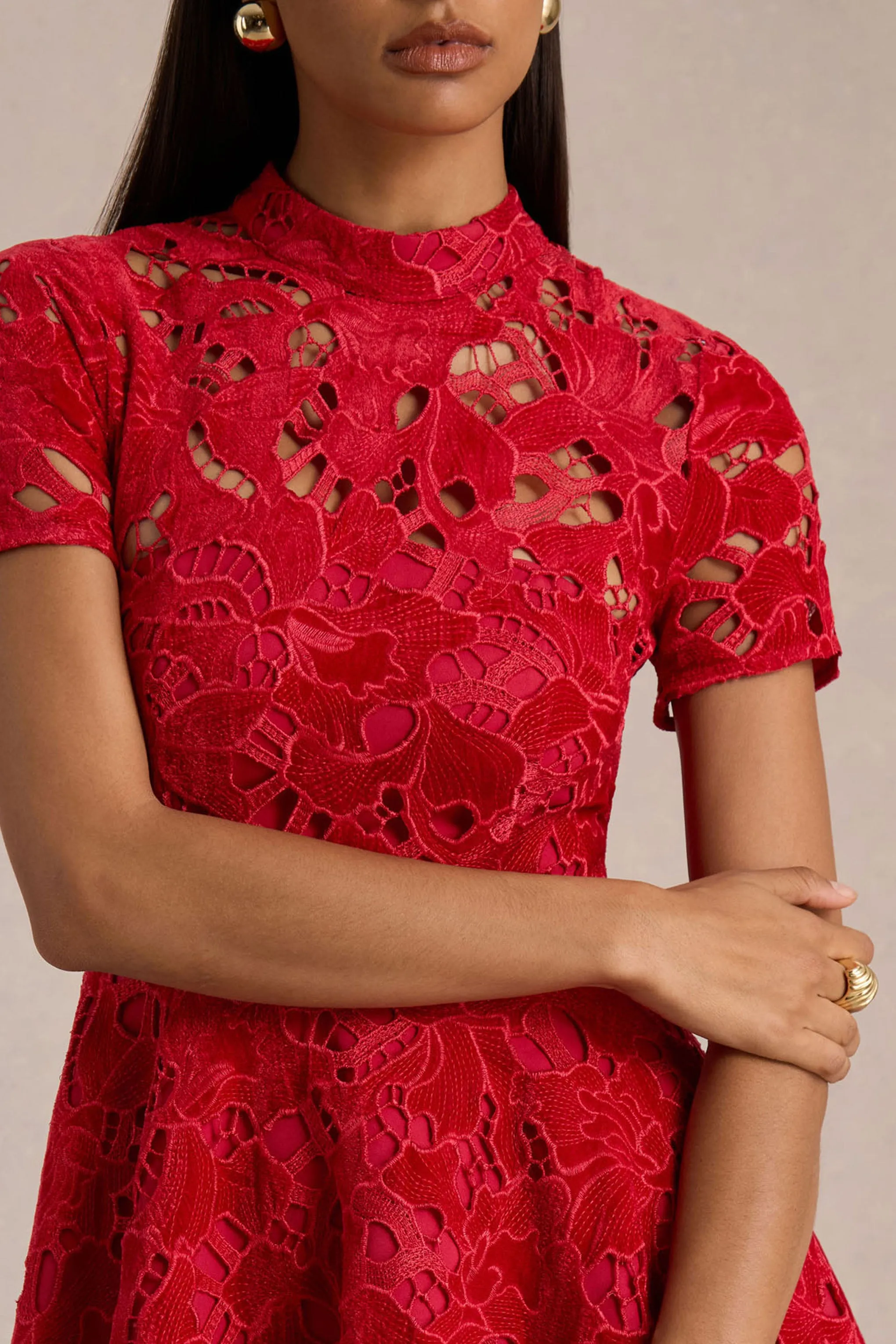 Roam | Red Lace High-Neck Mini Dress sold by Club L London product image thumbnail 3