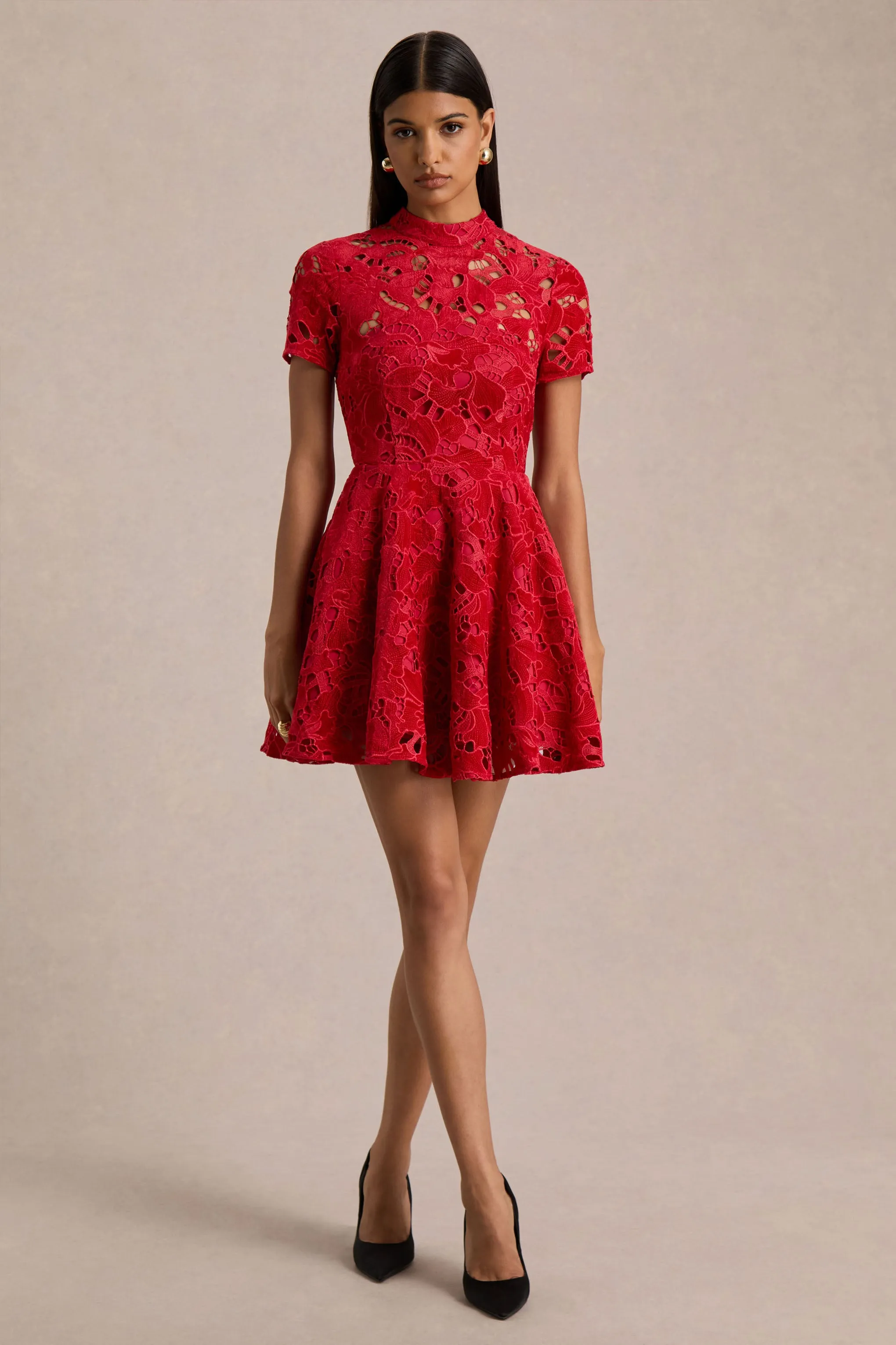 Roam | Red Lace High-Neck Mini Dress sold by Club L London