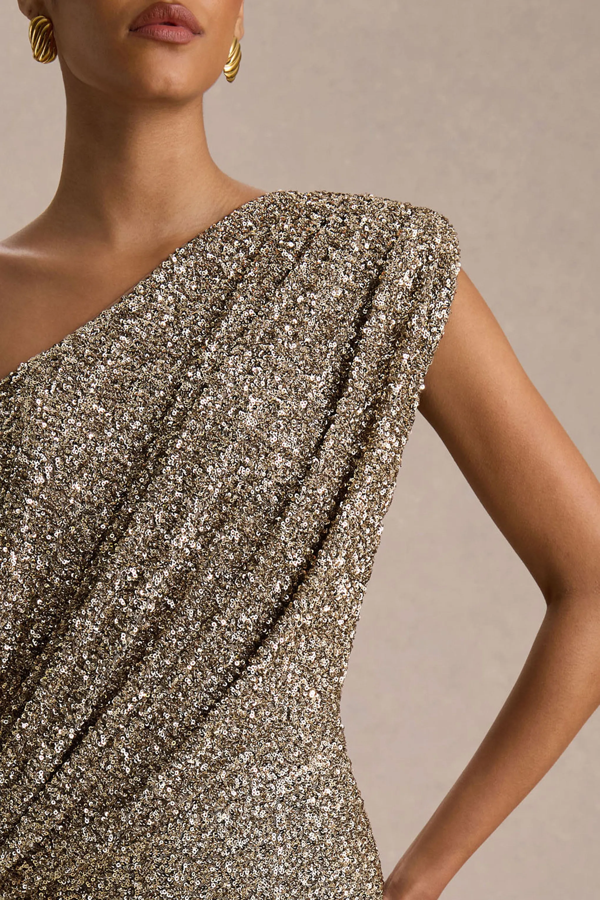 Liori | Champagne Sequin Asymmetric-Neck Maxi Dress With Sash sold by Club L London product image thumbnail 3