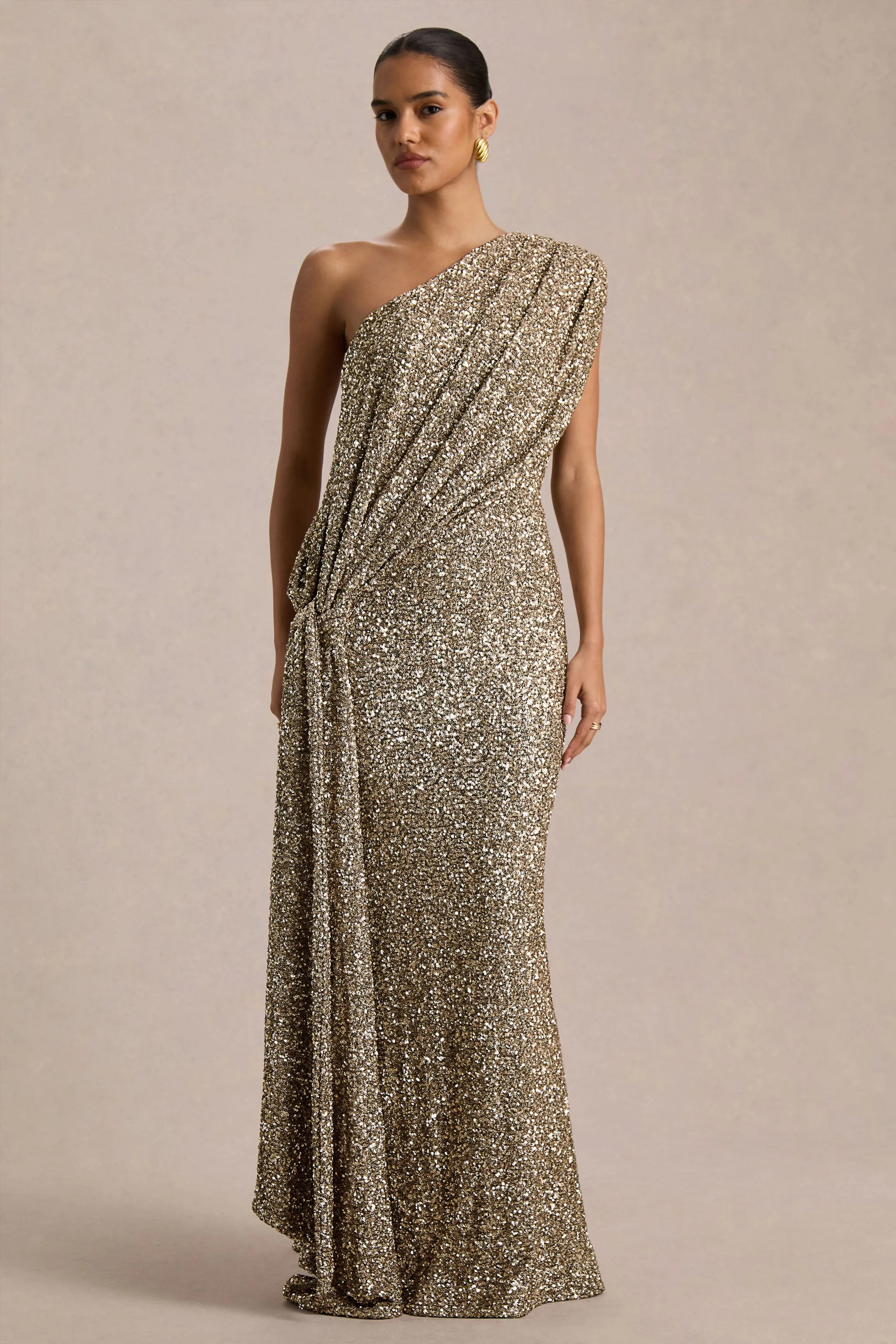 Liori | Champagne Sequin Asymmetric-Neck Maxi Dress With Sash sold by Club L London product image thumbnail 4