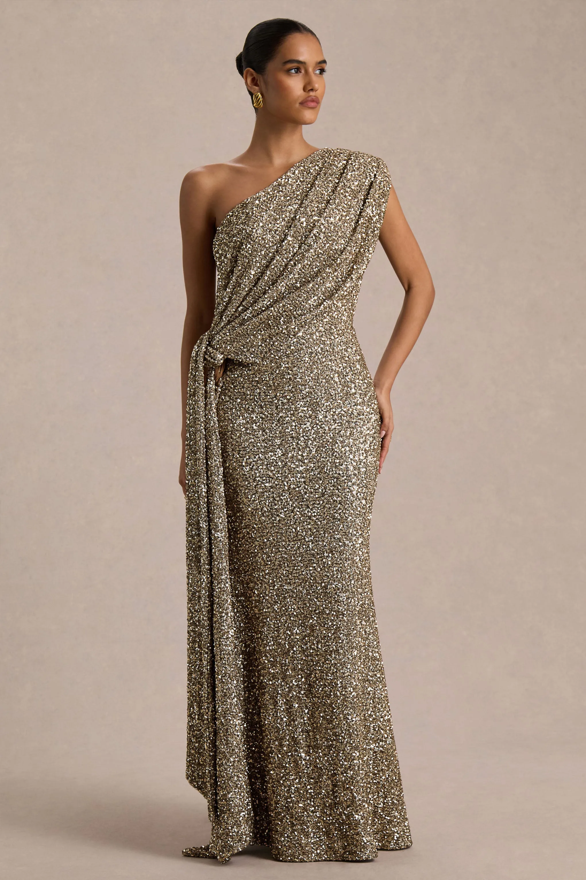 Liori | Champagne Sequin Asymmetric-Neck Maxi Dress With Sash sold by Club L London