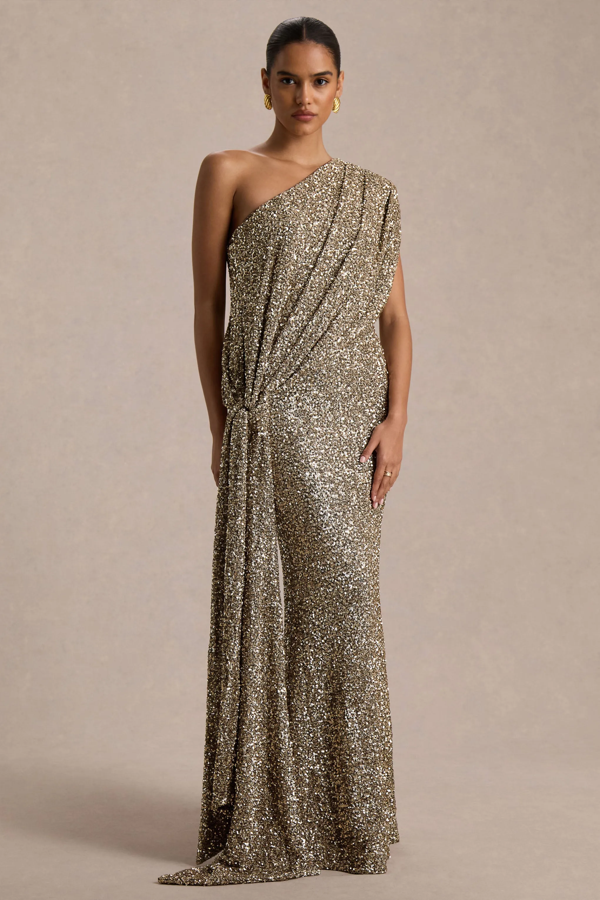 Liori | Champagne Sequin Asymmetric-Neck Maxi Dress With Sash sold by Club L London product image thumbnail 5