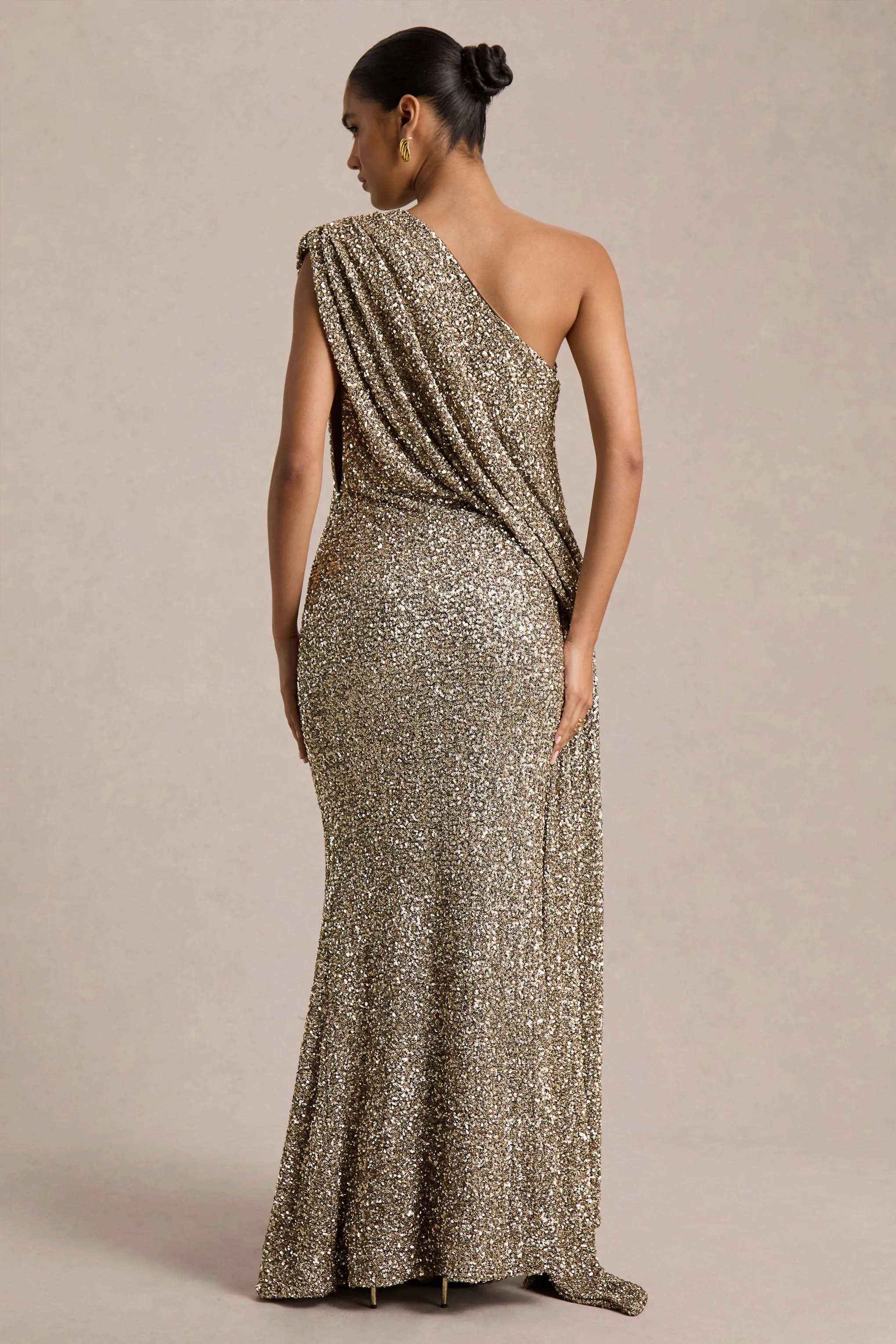 Liori | Champagne Sequin Asymmetric-Neck Maxi Dress With Sash sold by Club L London product image thumbnail 2