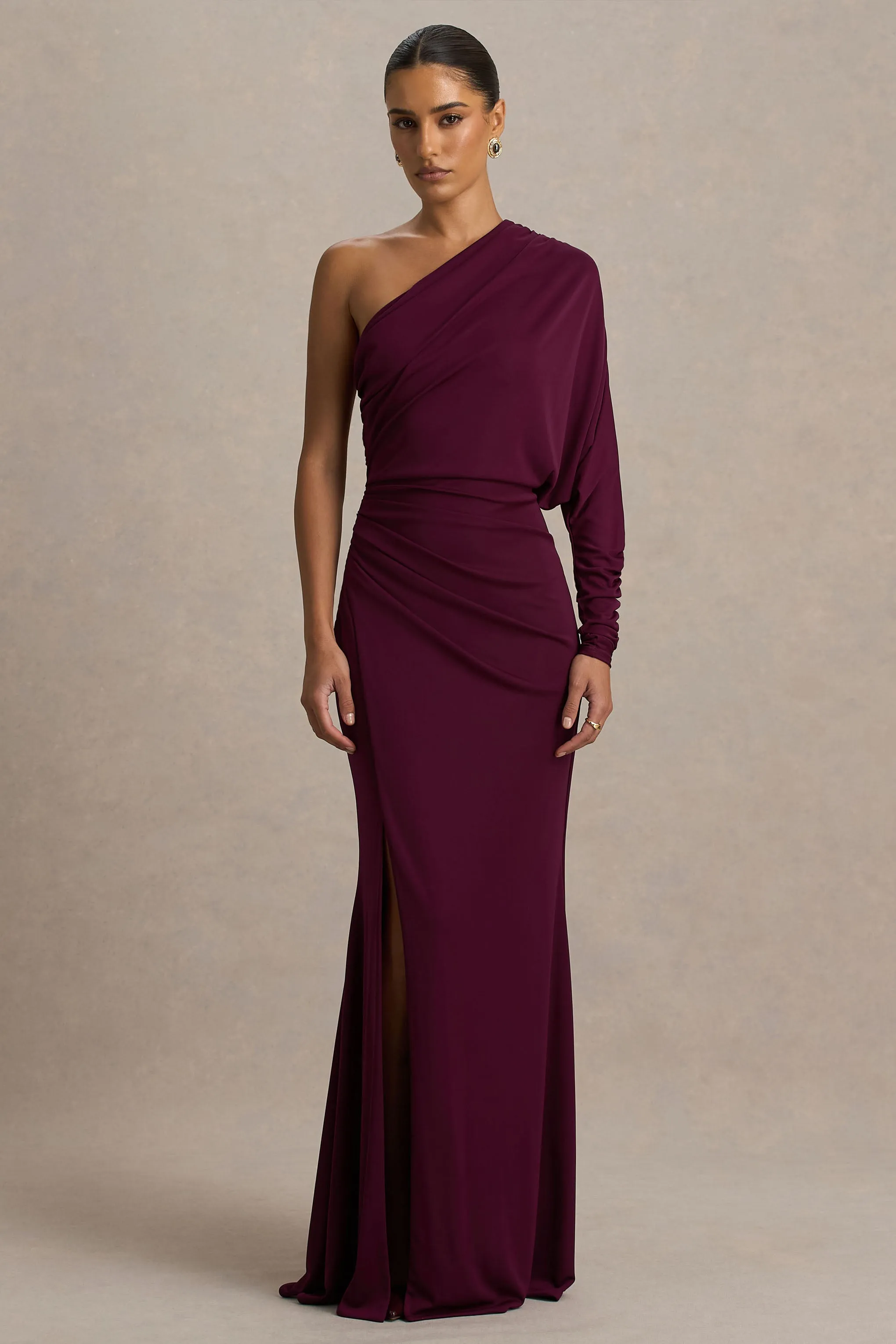 Lola | Burgundy Asymmetric-Neck Maxi Dress With Ruched Detailing And Front High-Split sold by Club L London product image thumbnail 4