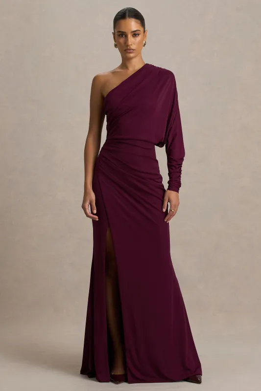 Lola | Burgundy Asymmetric-Neck Maxi Dress With Ruched Detailing And Front High-Split sold by Club L London