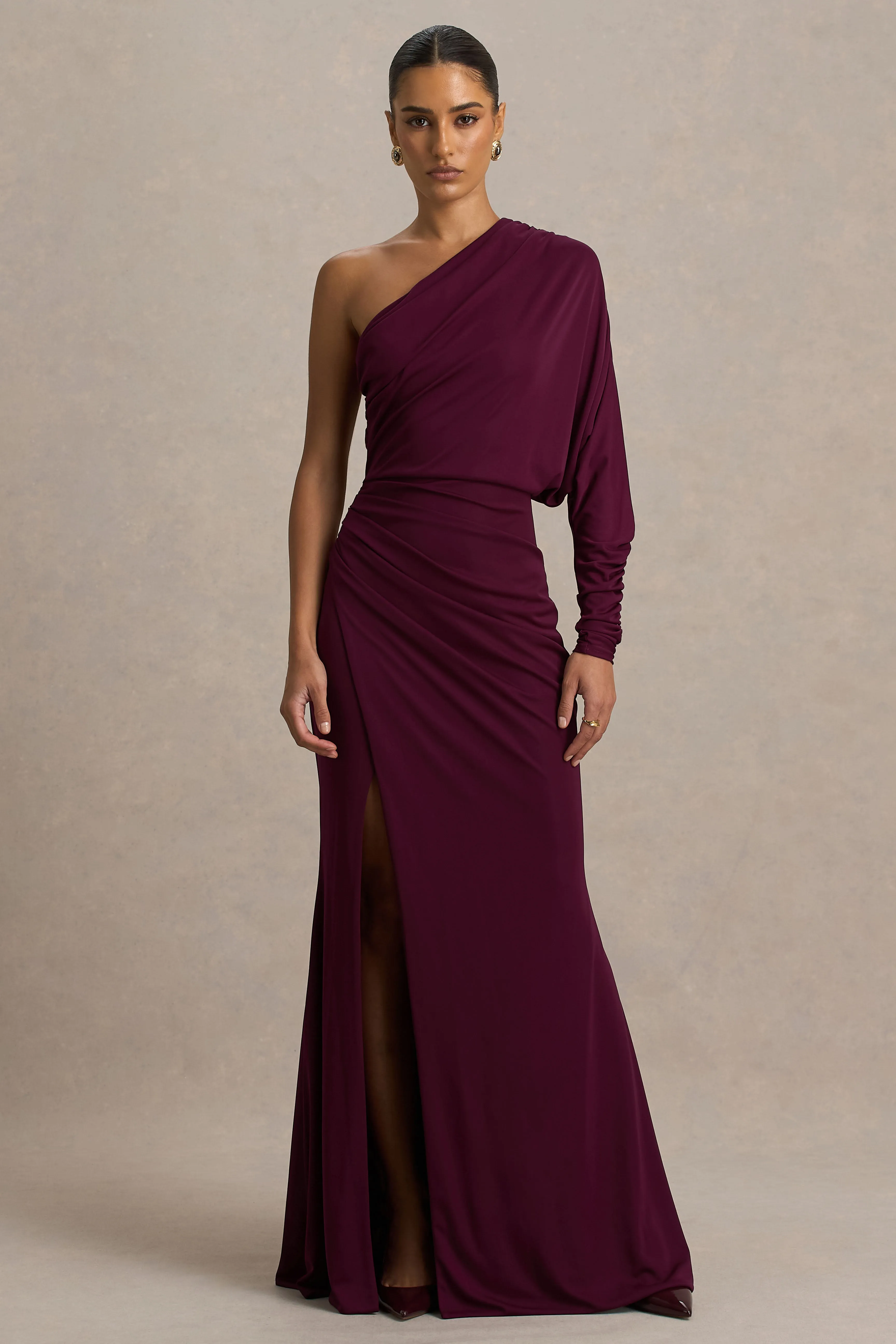 Lola | Burgundy Asymmetric-Neck Maxi Dress With Ruched Detailing And Front High-Split sold by Club L London