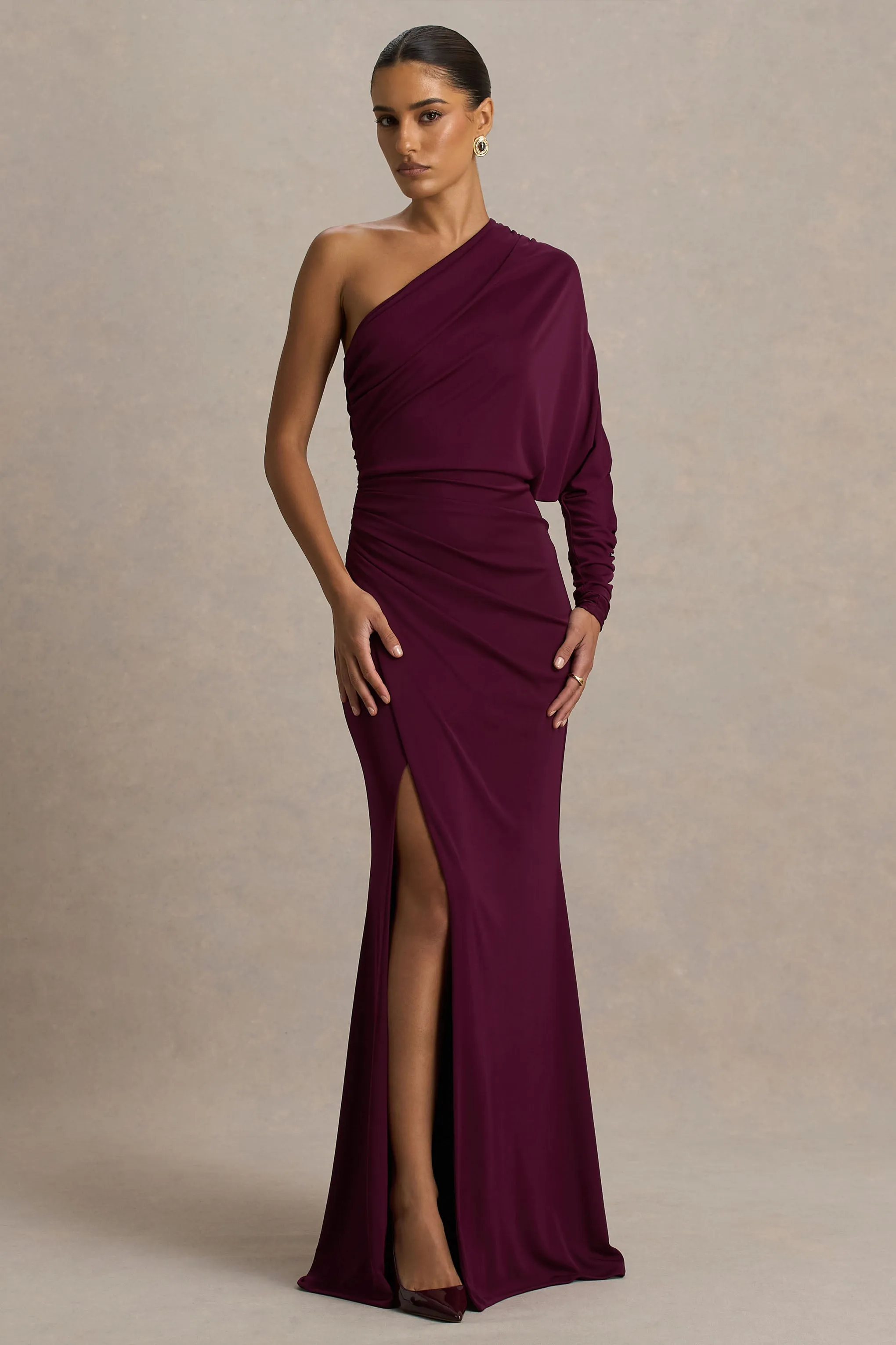 Lola | Burgundy Asymmetric-Neck Maxi Dress With Ruched Detailing And Front High-Split sold by Club L London product image thumbnail 5