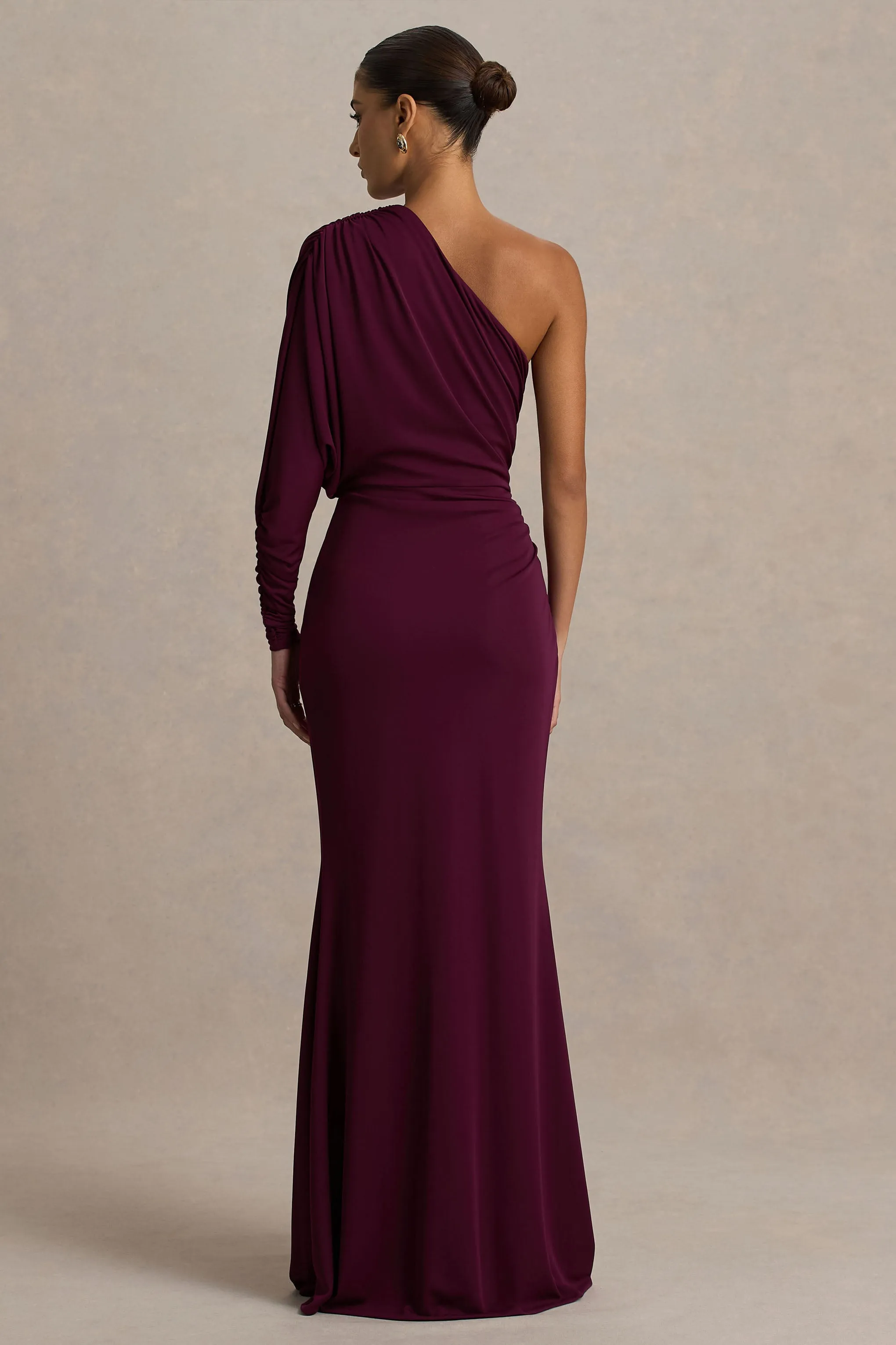 Lola | Burgundy Asymmetric-Neck Maxi Dress With Ruched Detailing And Front High-Split sold by Club L London product image thumbnail 2