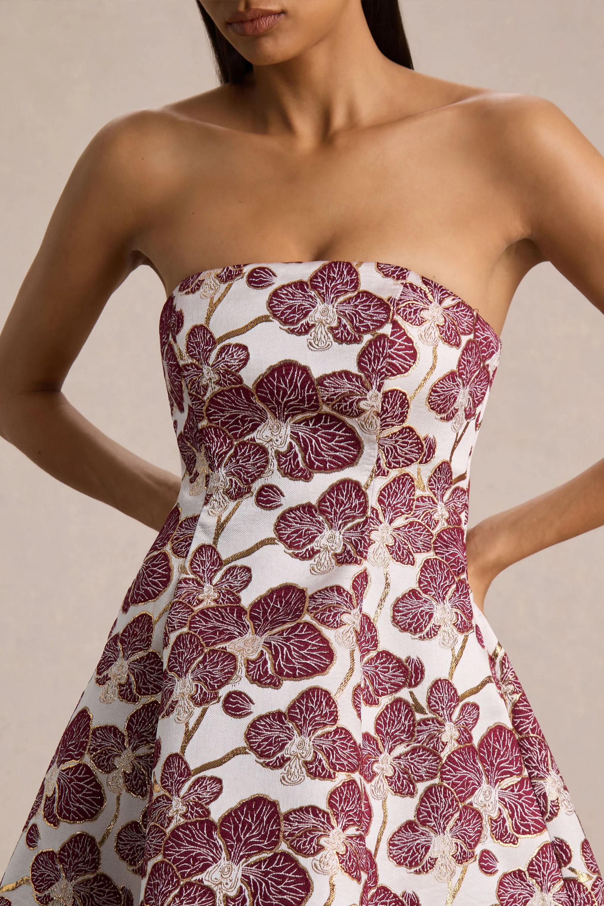 Federica | Burgundy And Gold Jacquard Bandeau A-Line Mini Dress sold by Club L London product image thumbnail 3