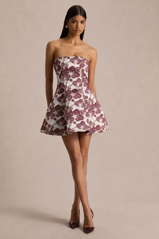 Federica | Burgundy And Gold Jacquard Bandeau A-Line Mini Dress sold by Club L London