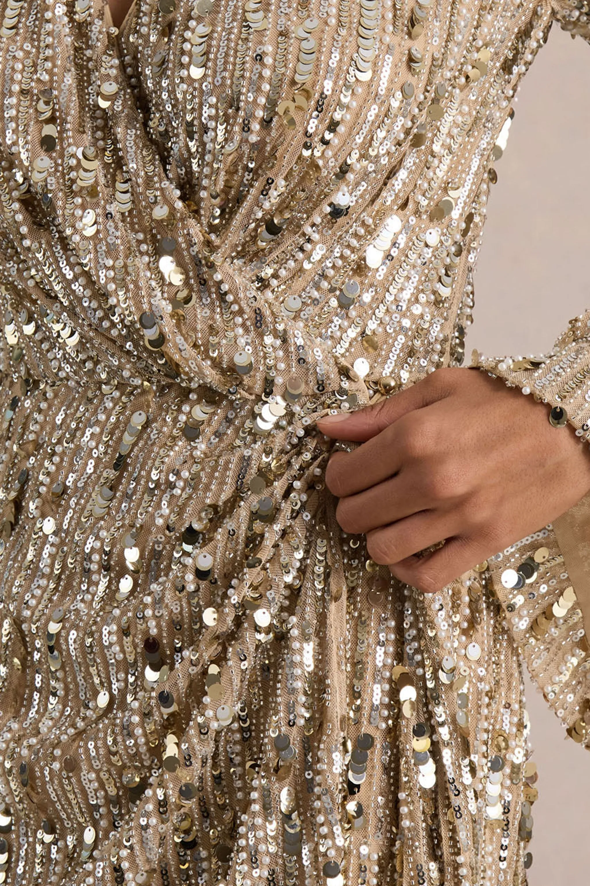 Carmina | Gold Sequin Plunge-Neck Wrap Mini Dress With Sash Detail sold by Club L London product image thumbnail 3