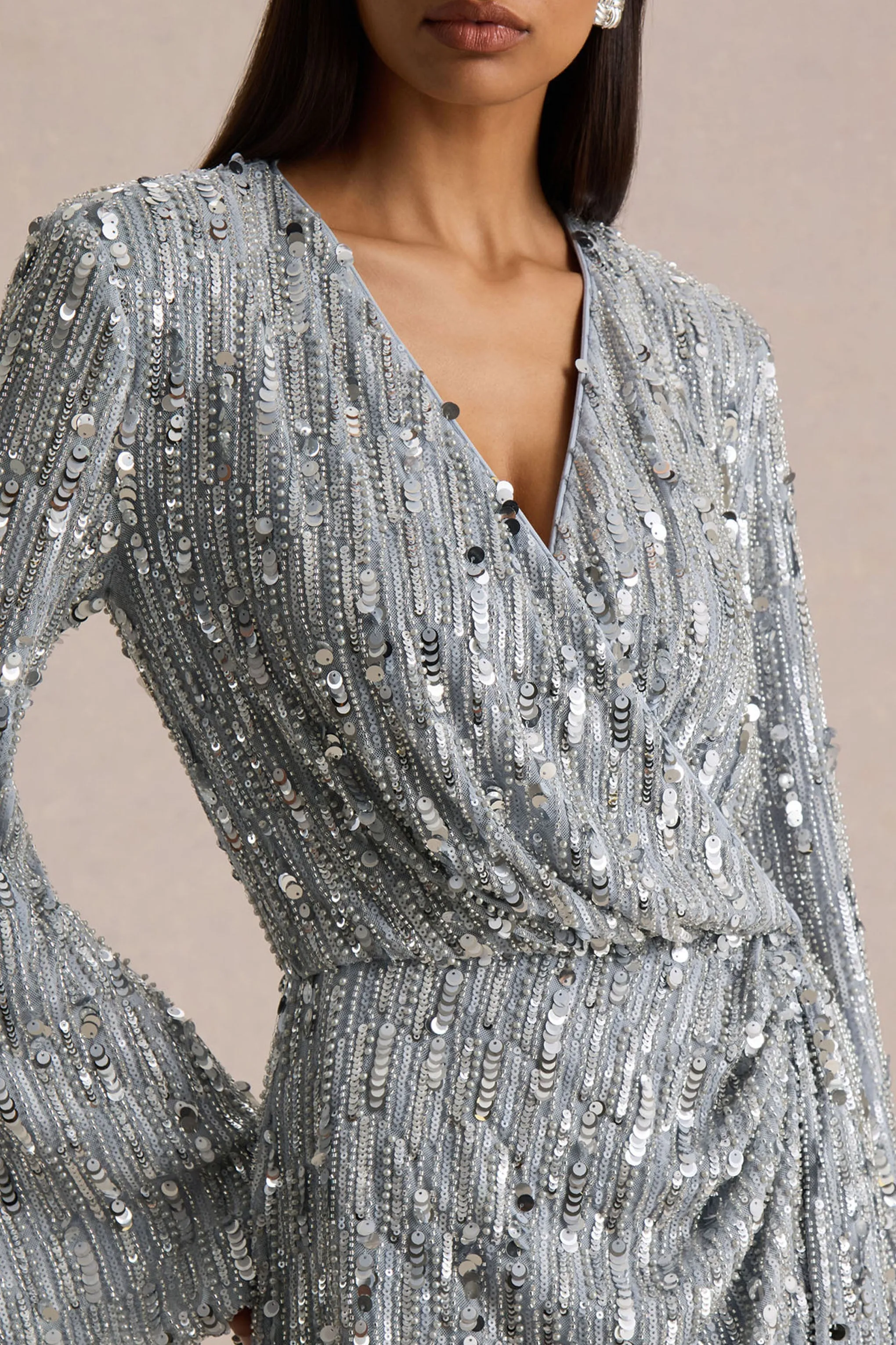 Carmina | Silver Sequin Plunge-Neck Wrap Mini Dress With Sash Detail sold by Club L London product image thumbnail 3