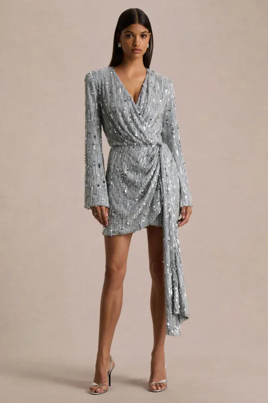 Carmina | Silver Sequin Plunge-Neck Wrap Mini Dress With Sash Detail sold by Club L London