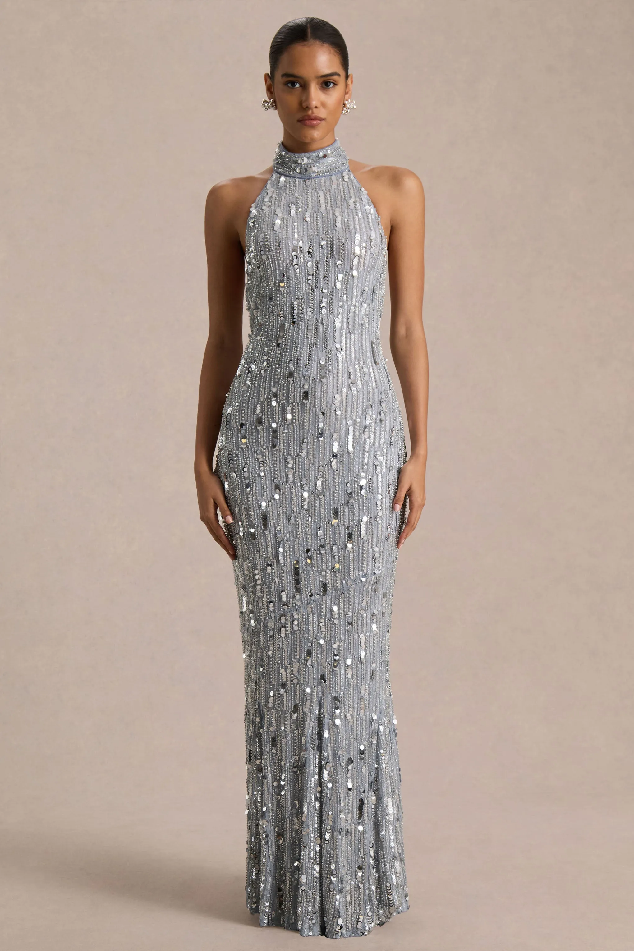 Zaira | Silver Sequin High-Neck Maxi Dress With Open-Back sold by Club L London product image thumbnail 4