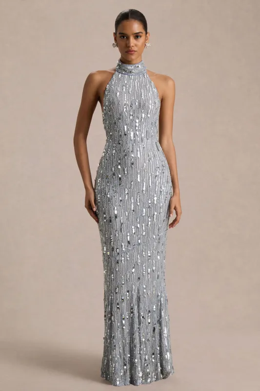 Zaira | Silver Sequin High-Neck Maxi Dress With Open-Back sold by Club L London