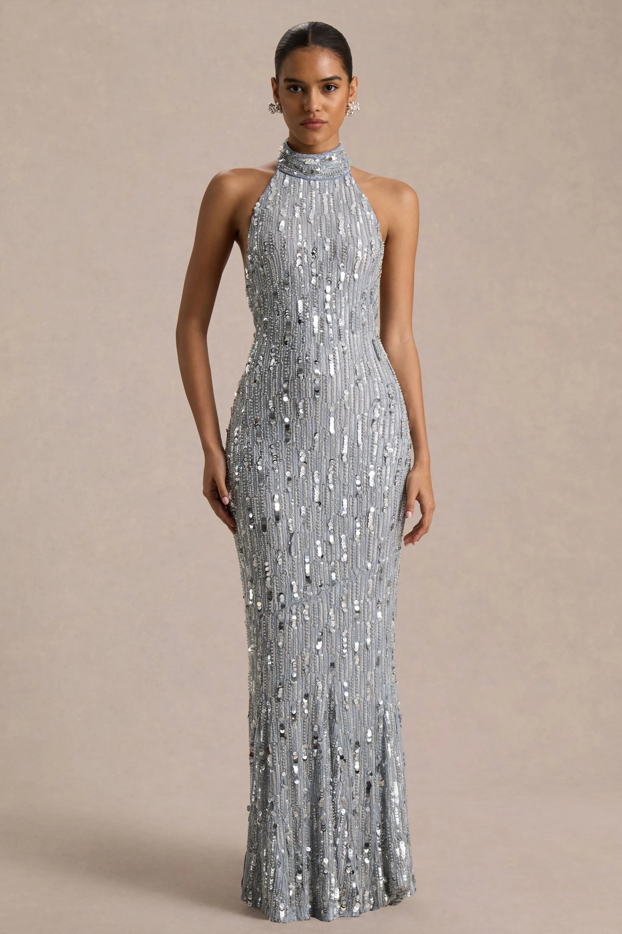 Zaira | Silver Sequin High-Neck Maxi Dress With Open-Back sold by Club L London