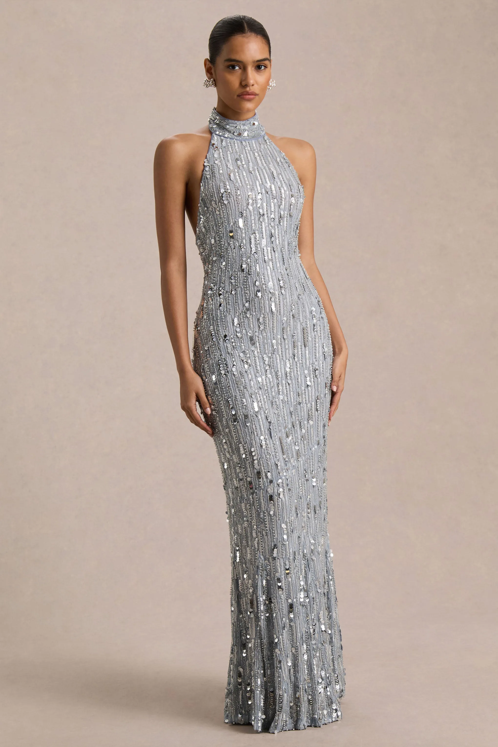Zaira | Silver Sequin High-Neck Maxi Dress With Open-Back sold by Club L London product image thumbnail 5