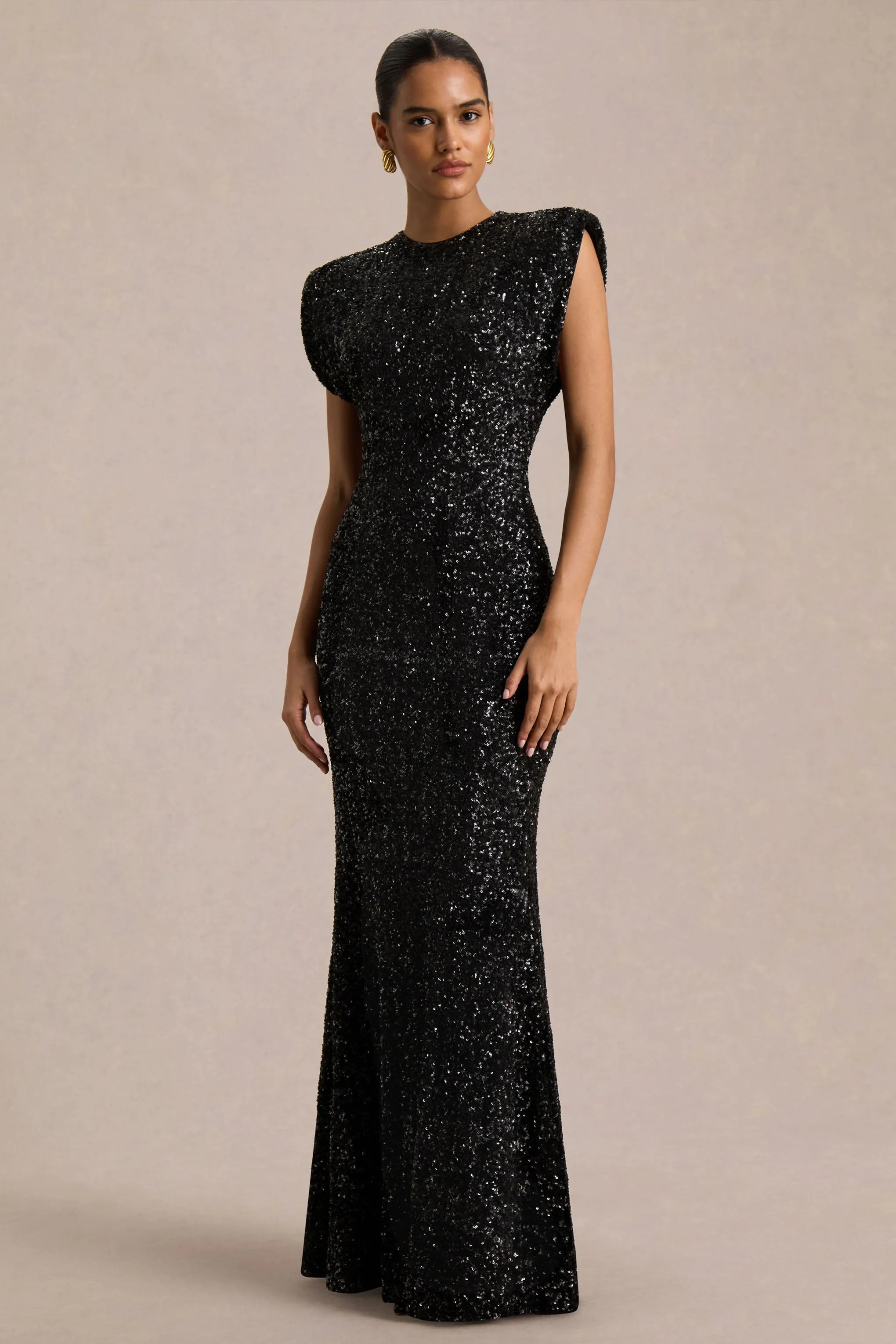 Aurah | Black Sequin Crew-Neck Maxi Dress With Cap Sleeves sold by Club L London product image thumbnail 4
