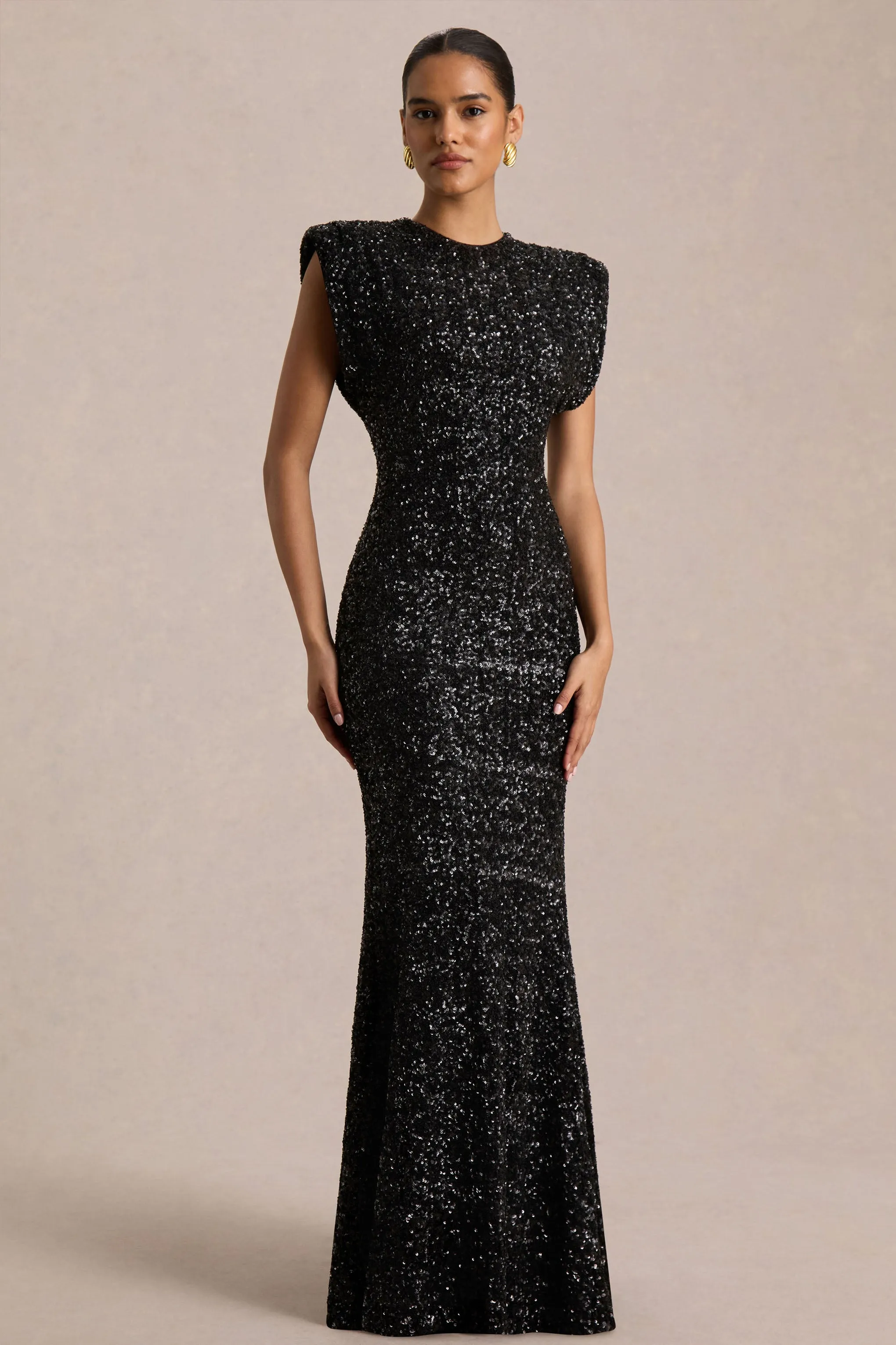 Aurah | Black Sequin Crew-Neck Maxi Dress With Cap Sleeves sold by Club L London
