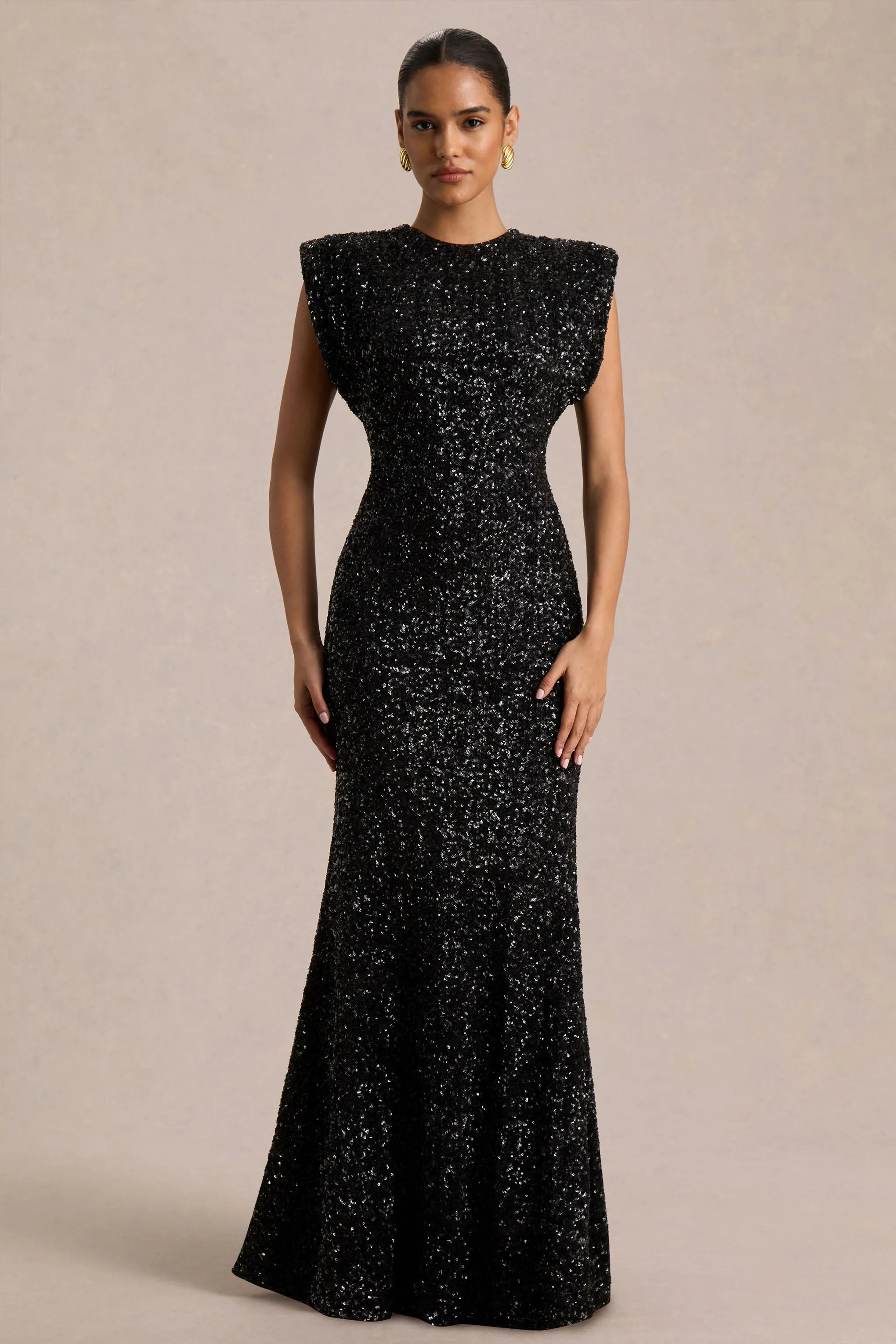Aurah | Black Sequin Crew-Neck Maxi Dress With Cap Sleeves sold by Club L London product image thumbnail 5