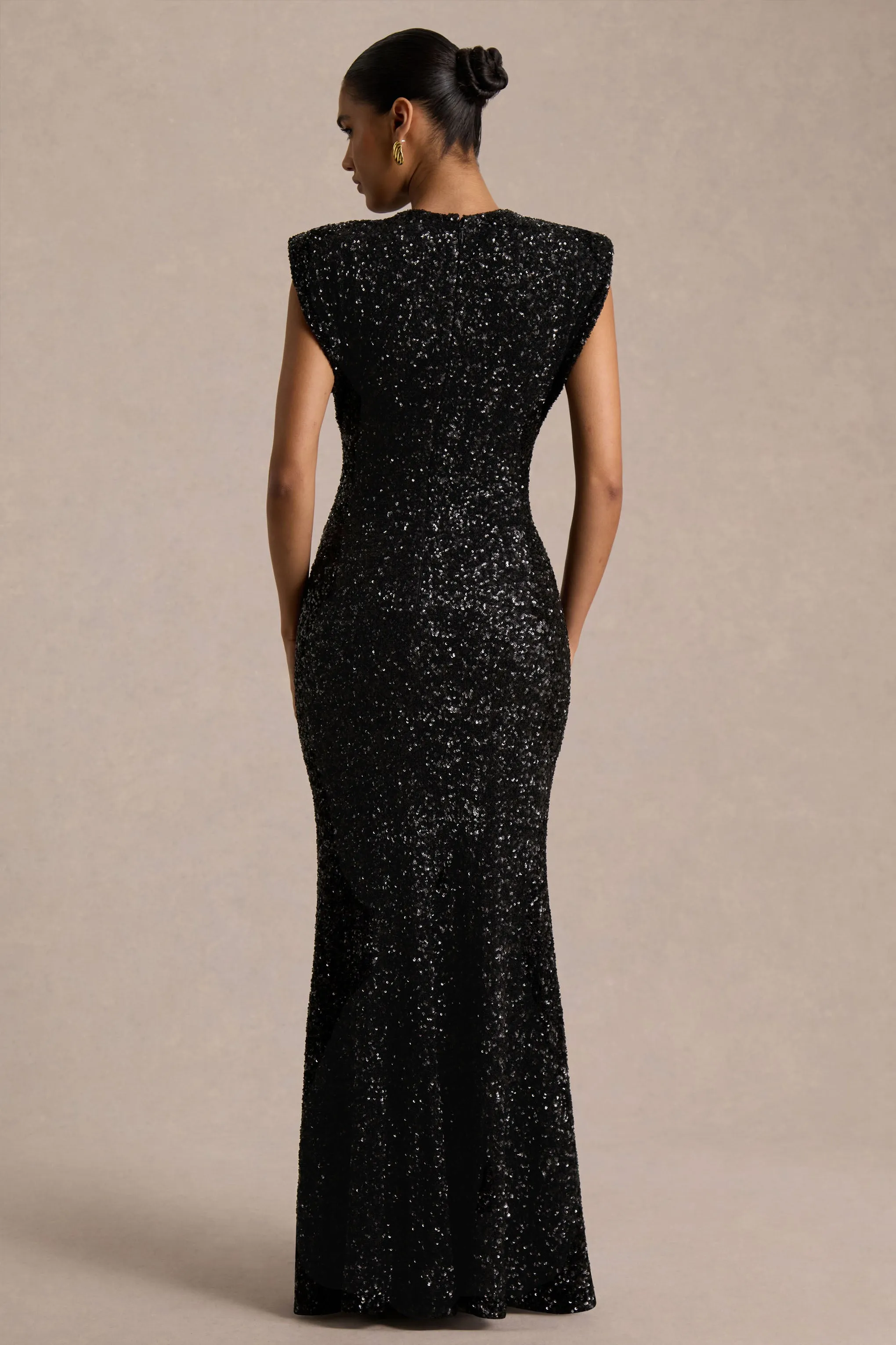 Aurah | Black Sequin Crew-Neck Maxi Dress With Cap Sleeves sold by Club L London product image thumbnail 2