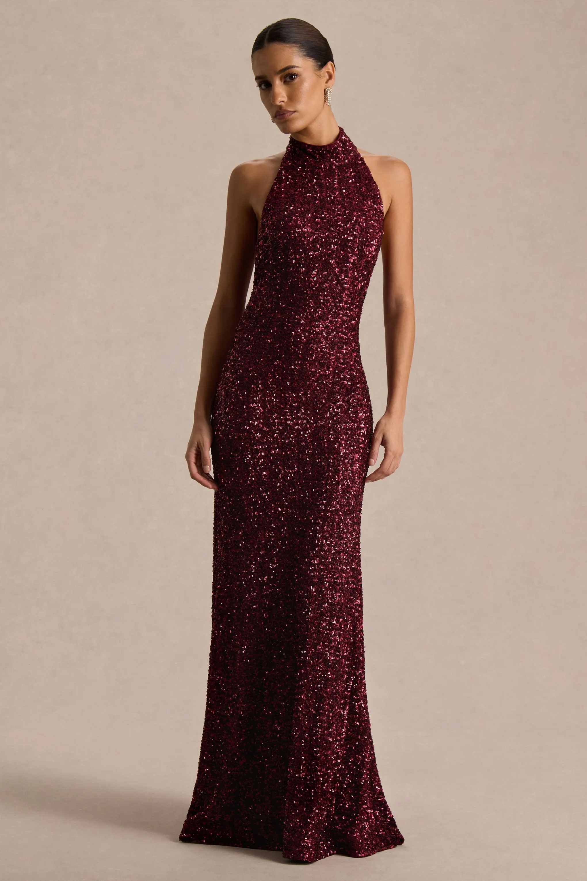Tulia | Burgundy Sequin High-Neck Maxi Dress sold by Club L London product image thumbnail 5