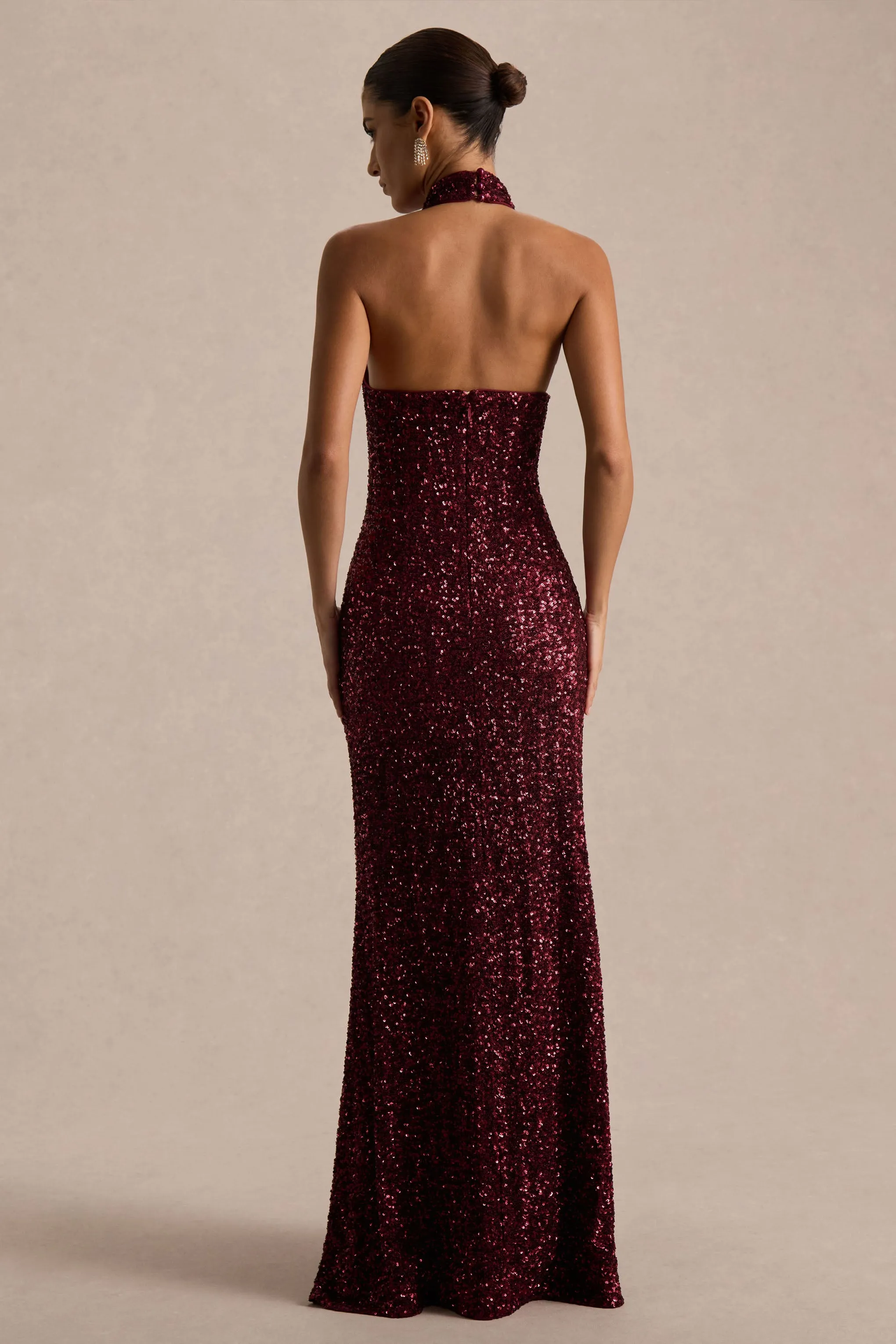 Tulia | Burgundy Sequin High-Neck Maxi Dress sold by Club L London product image thumbnail 2