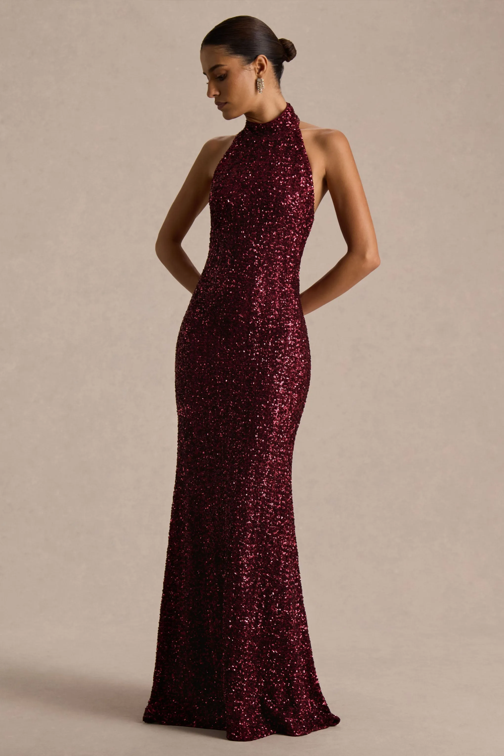 Tulia | Burgundy Sequin High-Neck Maxi Dress sold by Club L London product image thumbnail 4