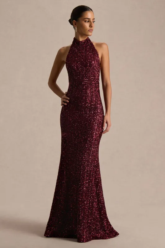 Tulia | Burgundy Sequin High-Neck Maxi Dress sold by Club L London