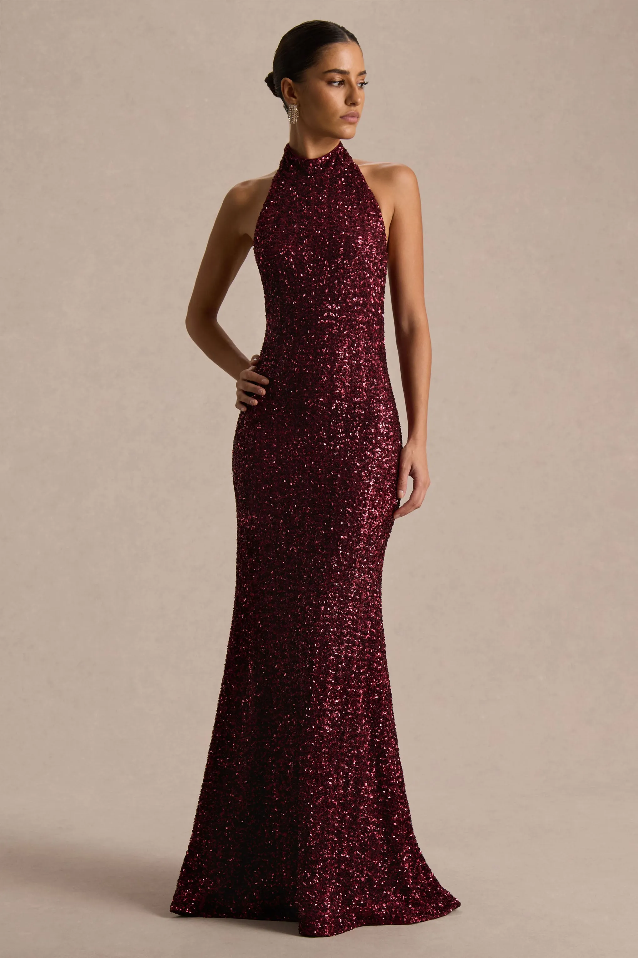 Tulia | Burgundy Sequin High-Neck Maxi Dress sold by Club L London