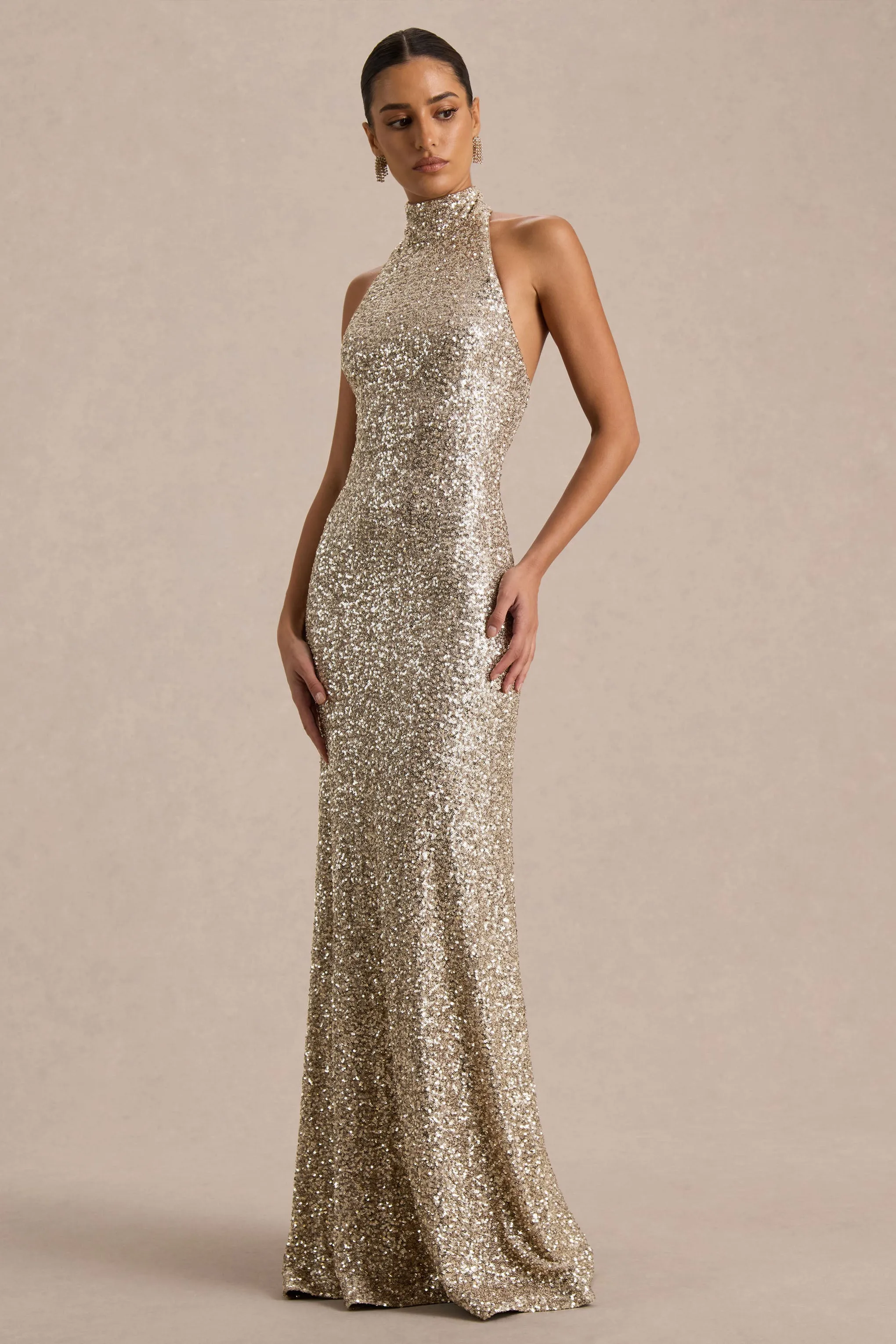 Tulia | Champagne Sequin High-Neck Maxi Dress sold by Club L London product image thumbnail 5